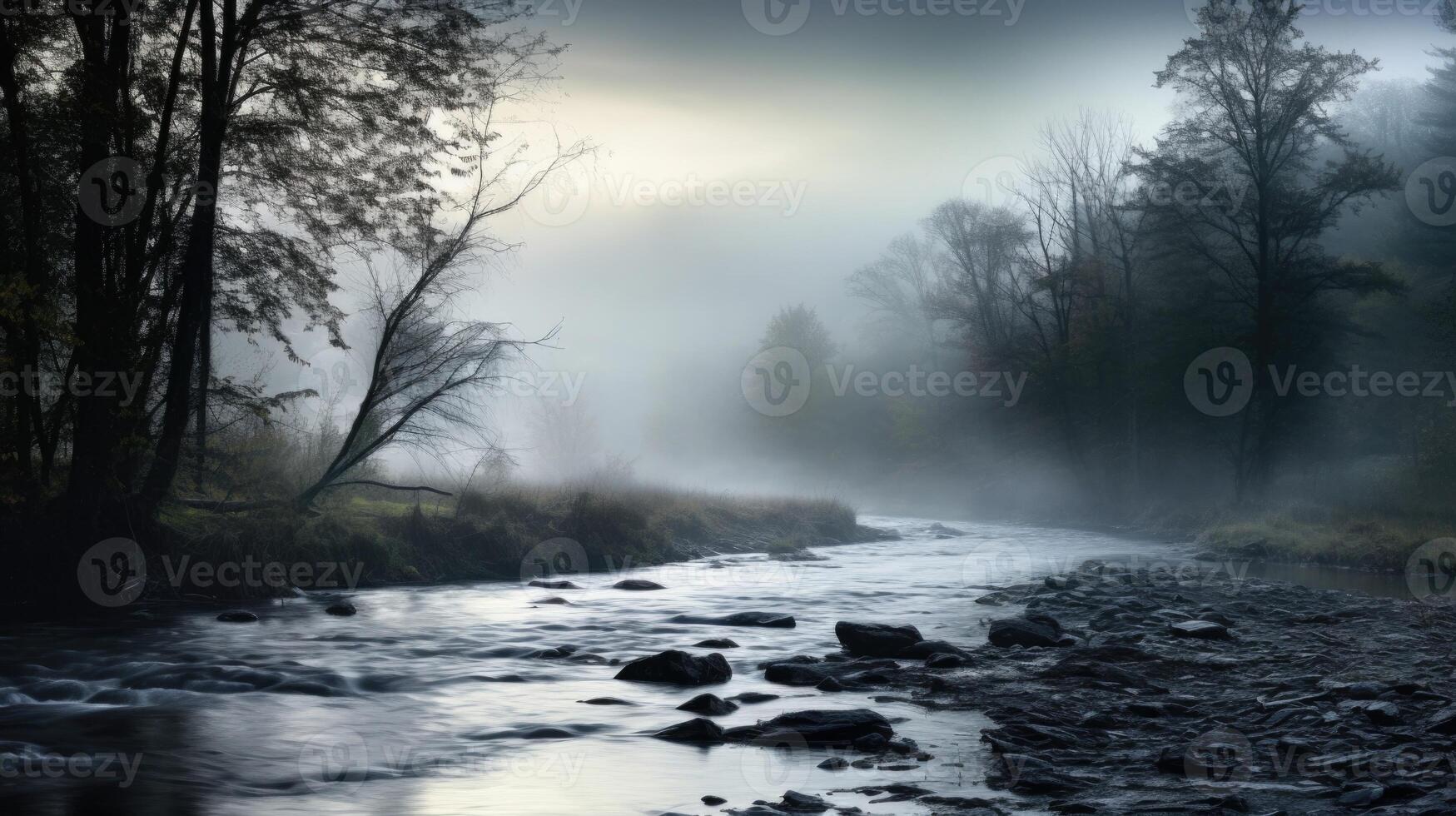 Enveloped in Mist A river covered in a blanket of fog, creating a peaceful and isolated environment. photo