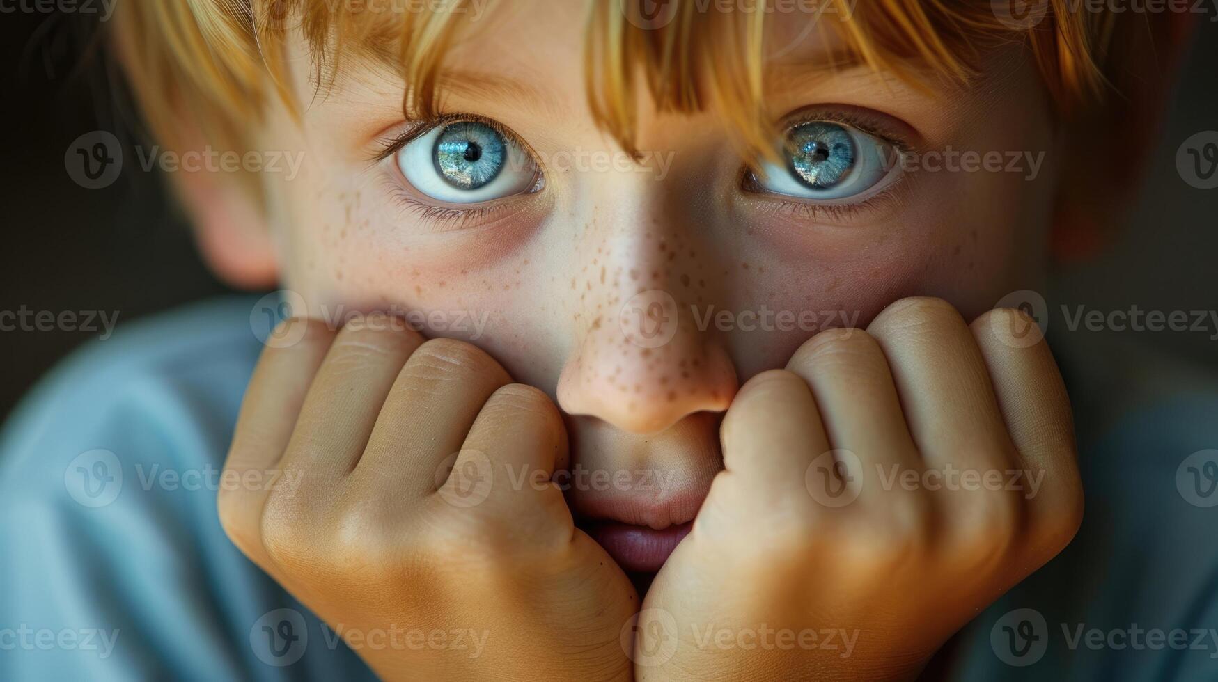 A young boy fidgeting and biting his nails clearly anxious and lacking selfurance photo