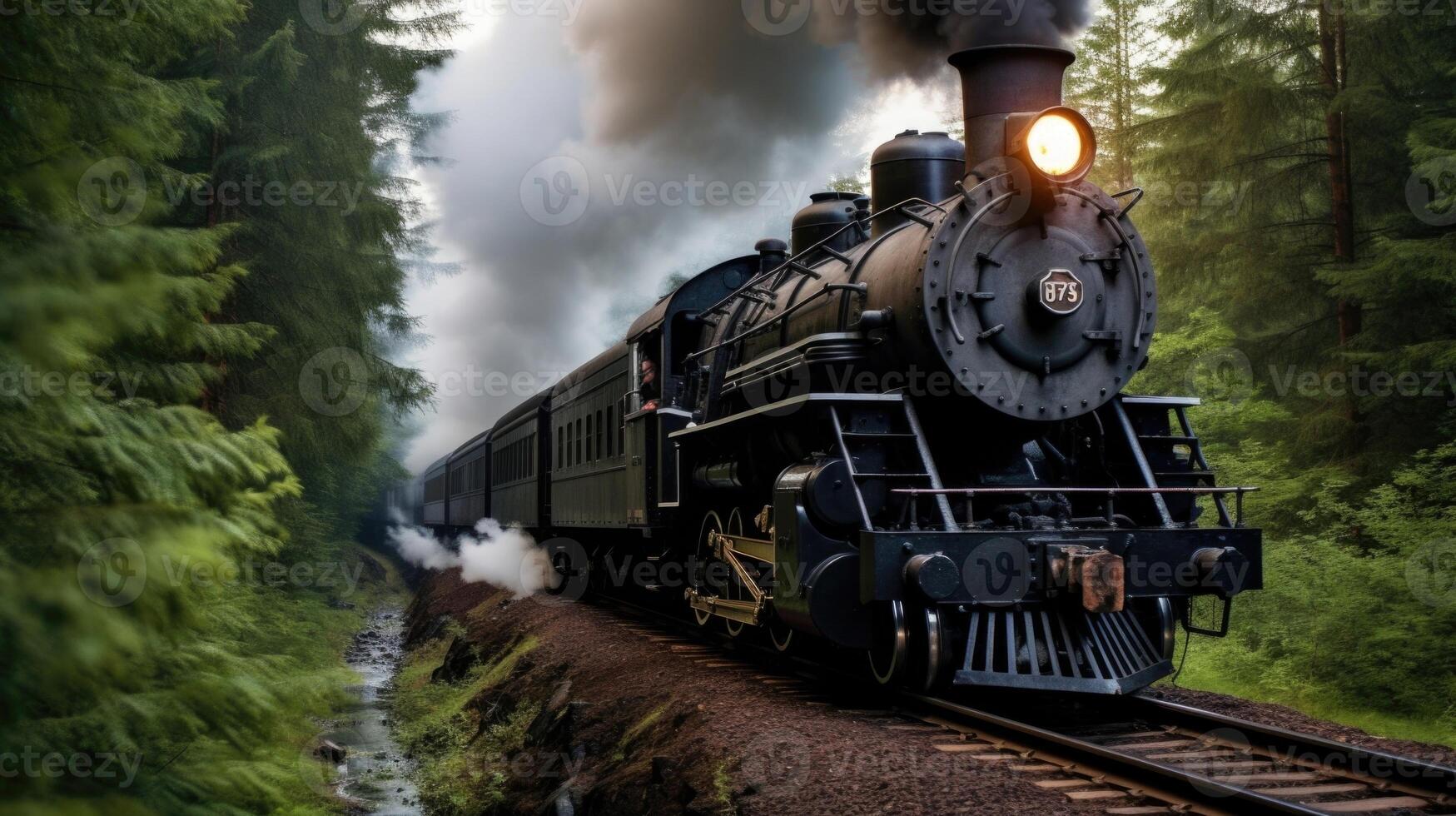 The gentle huffing and puffing of a steam train is matched by the steady stream of smoke pouring from its chimney, creating a mesmerizing sight. photo