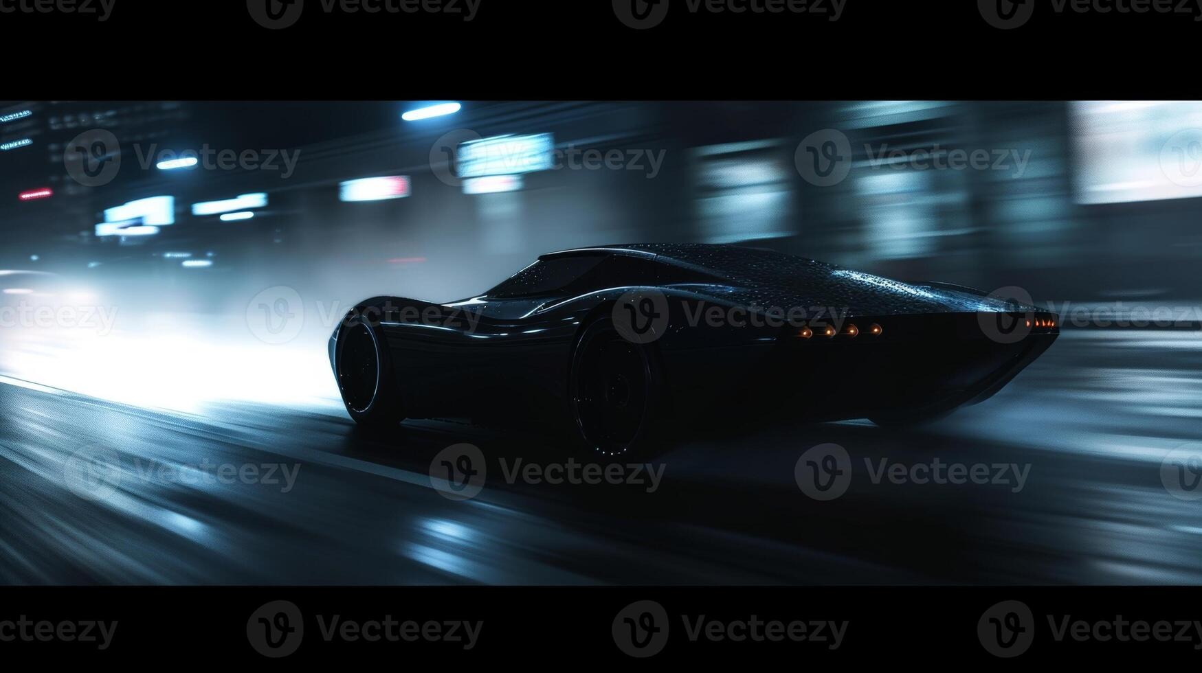 A sleek and unidentifiable vehicle speeds through a deserted city street its dark silhouette ly visible in the low light photo