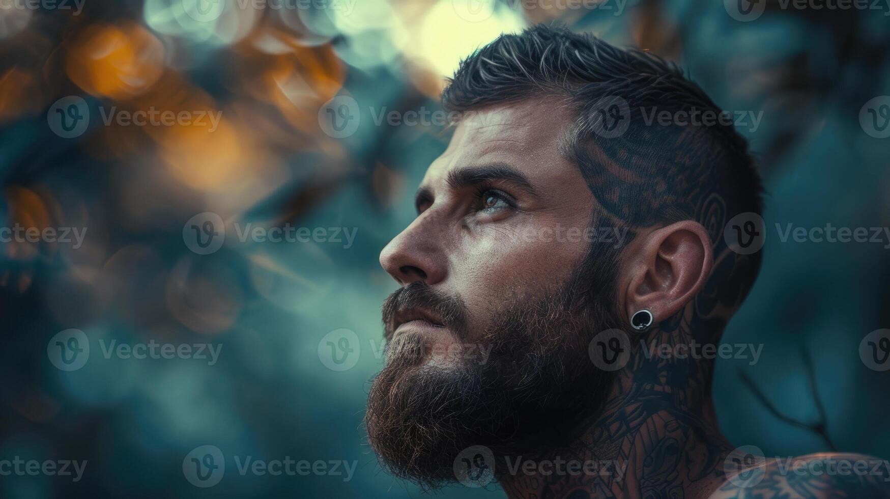 A young man with a beard and tattoos looks stoically into the distance his tough exterior a reflection of the inner strength he has gained through selfacceptance photo