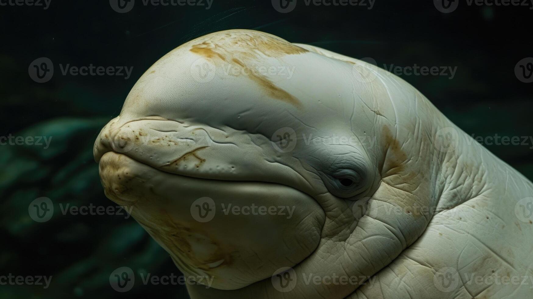 Closeup of the unique melonshaped head of a beluga whale covered in wrinkles and scars giving it a wise and weathered demeanor in the harsh environment photo