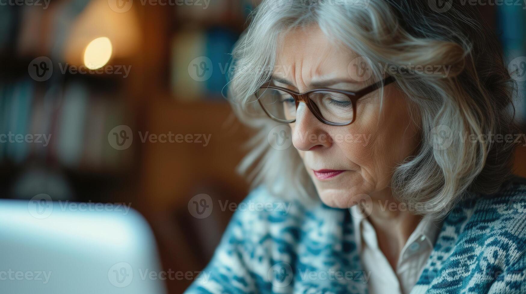A middleaged woman looking distressed and anxious as she reads a threatening email from her cyberbully photo