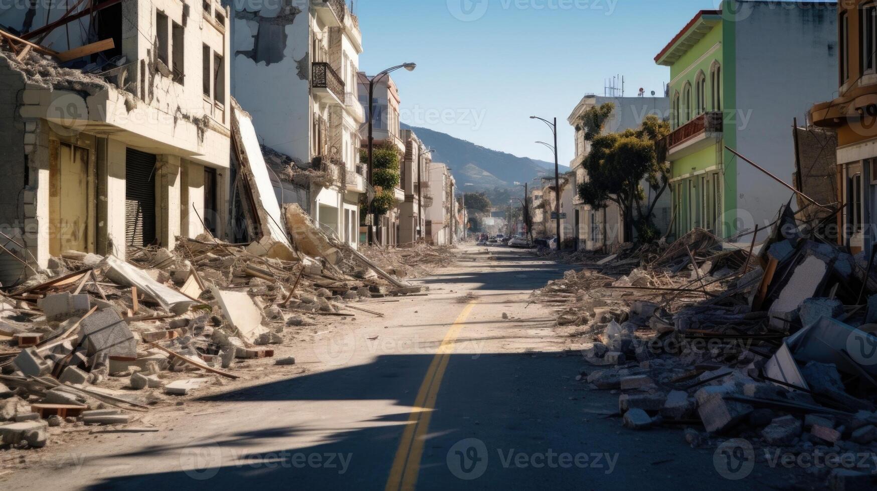 The streets are filled with rubble and debris, the result of a powerful earthquake that shook this urban center to its core. photo