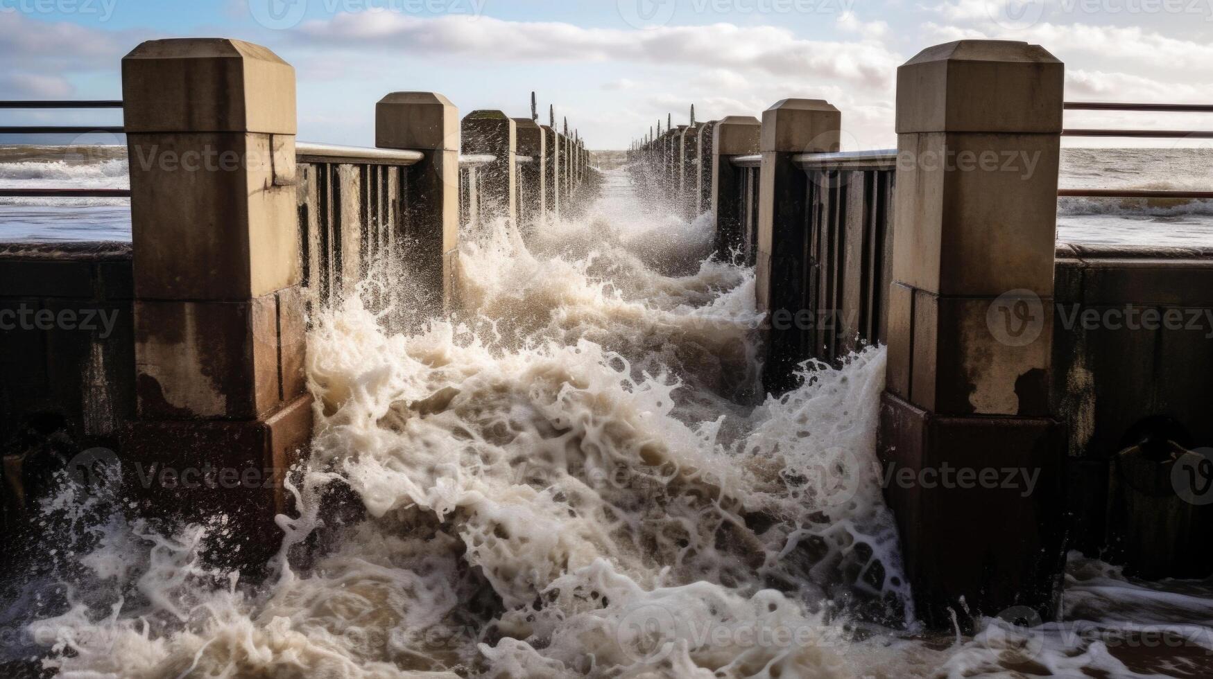 The flood barriers that once stood strong against the oceans tides were now no match for the relentless force of the rising waters. photo