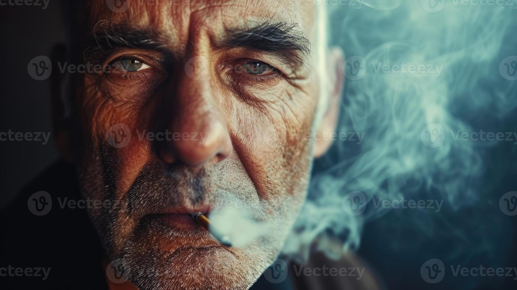 A middleaged man smoking a cigarette with a distant and vacant expression in his eyes photo