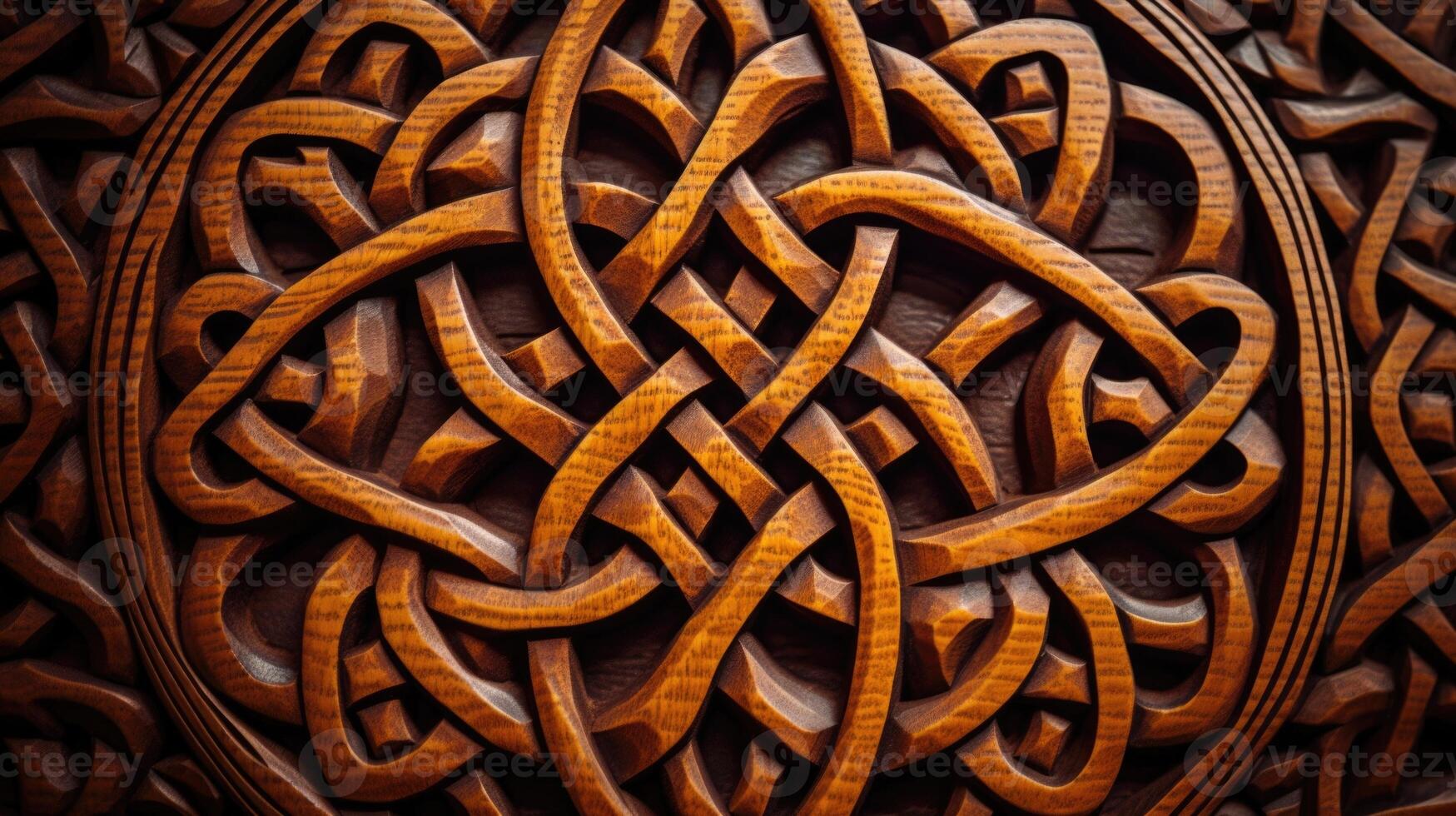The closeup of a Celtic knot design, showcasing the symmetrical and interconnected nature of knots in traditional art. photo