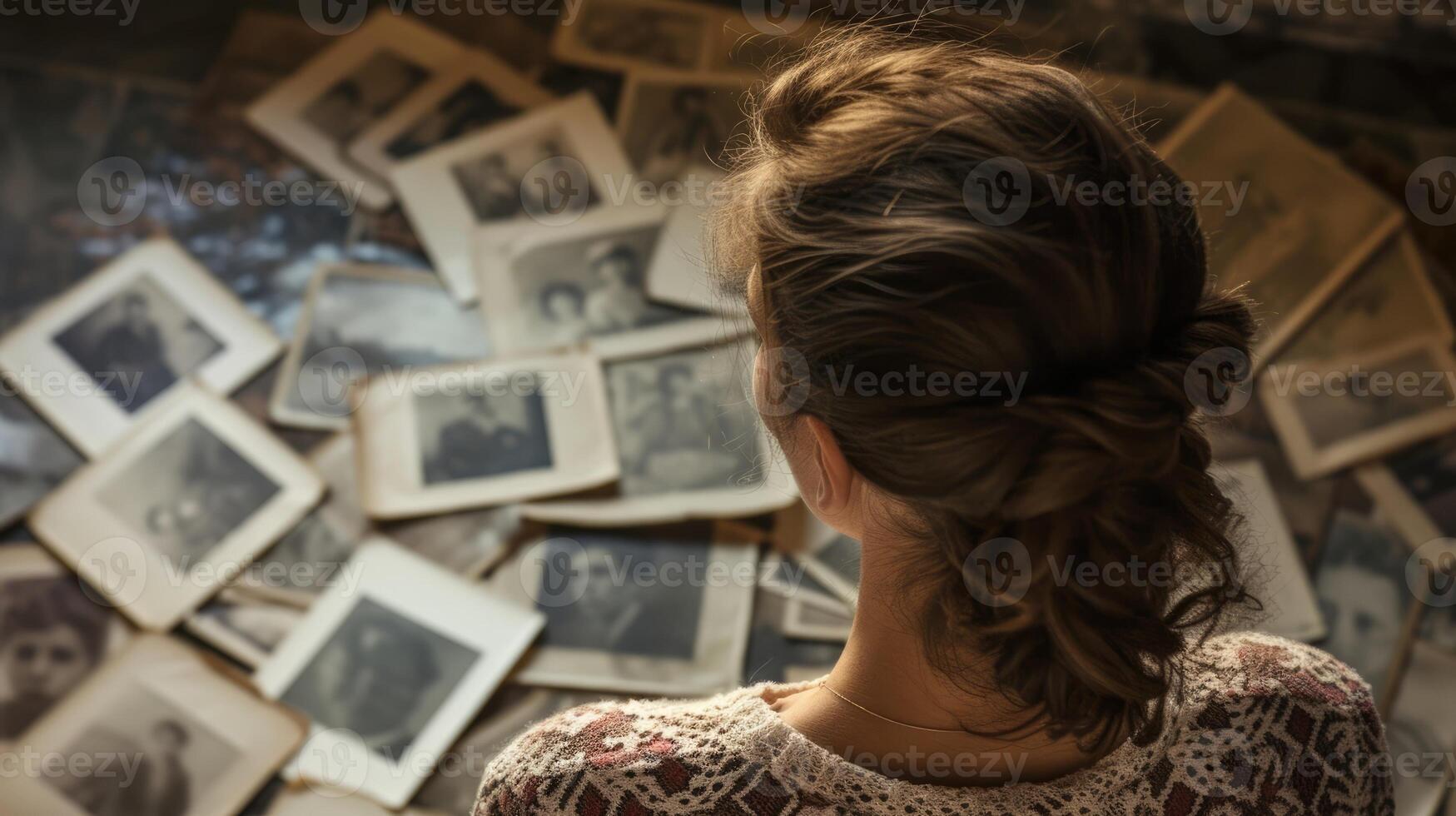 A woman looking at old photographs lost in introspection photo