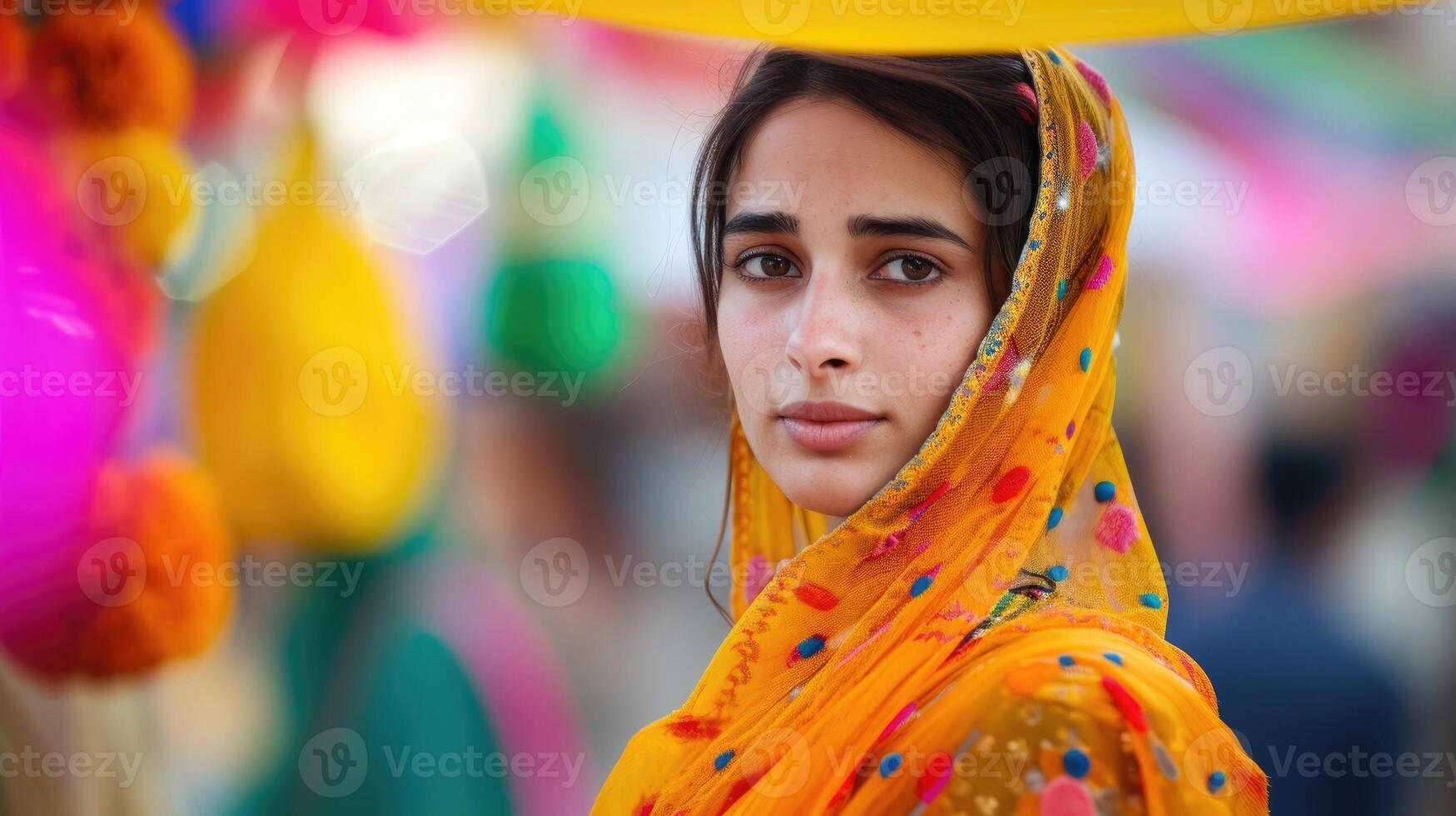 A woman at a cultural festival surrounded by vibrant colors and customs but feeling like an outsider as she doesnt understand the traditions photo