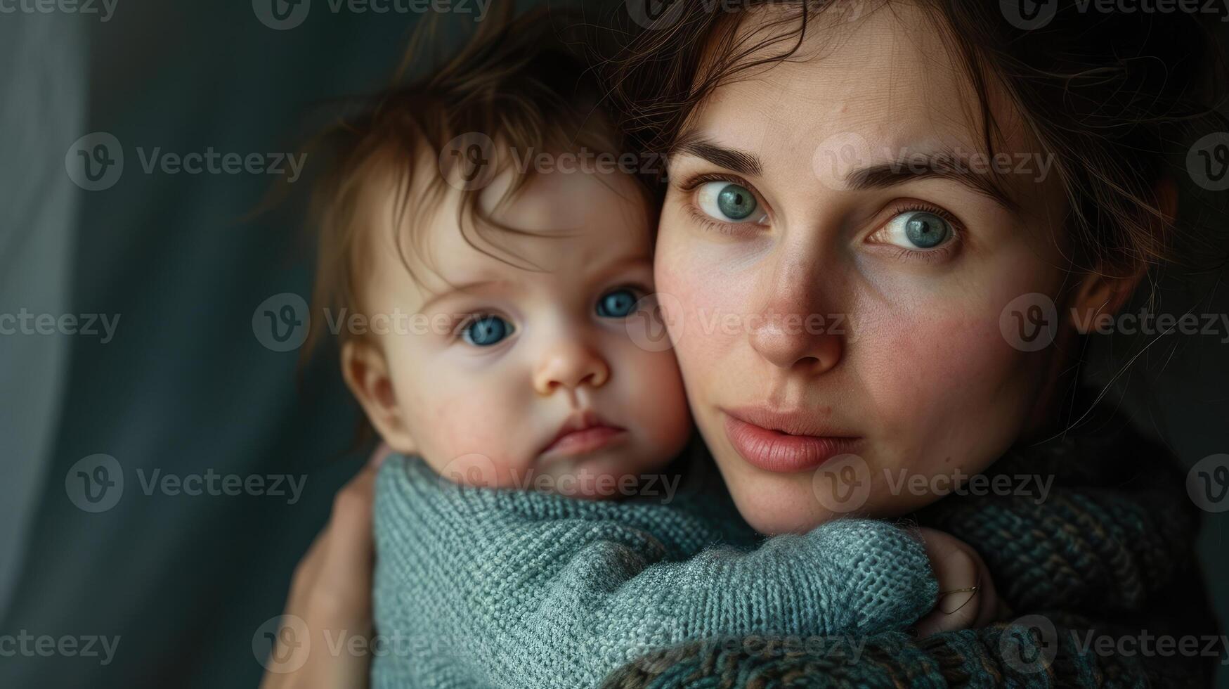 A mother with dark undereye circles and a baby in her arms as she battles with both postpartum fatigue and her childs sleep schedule photo