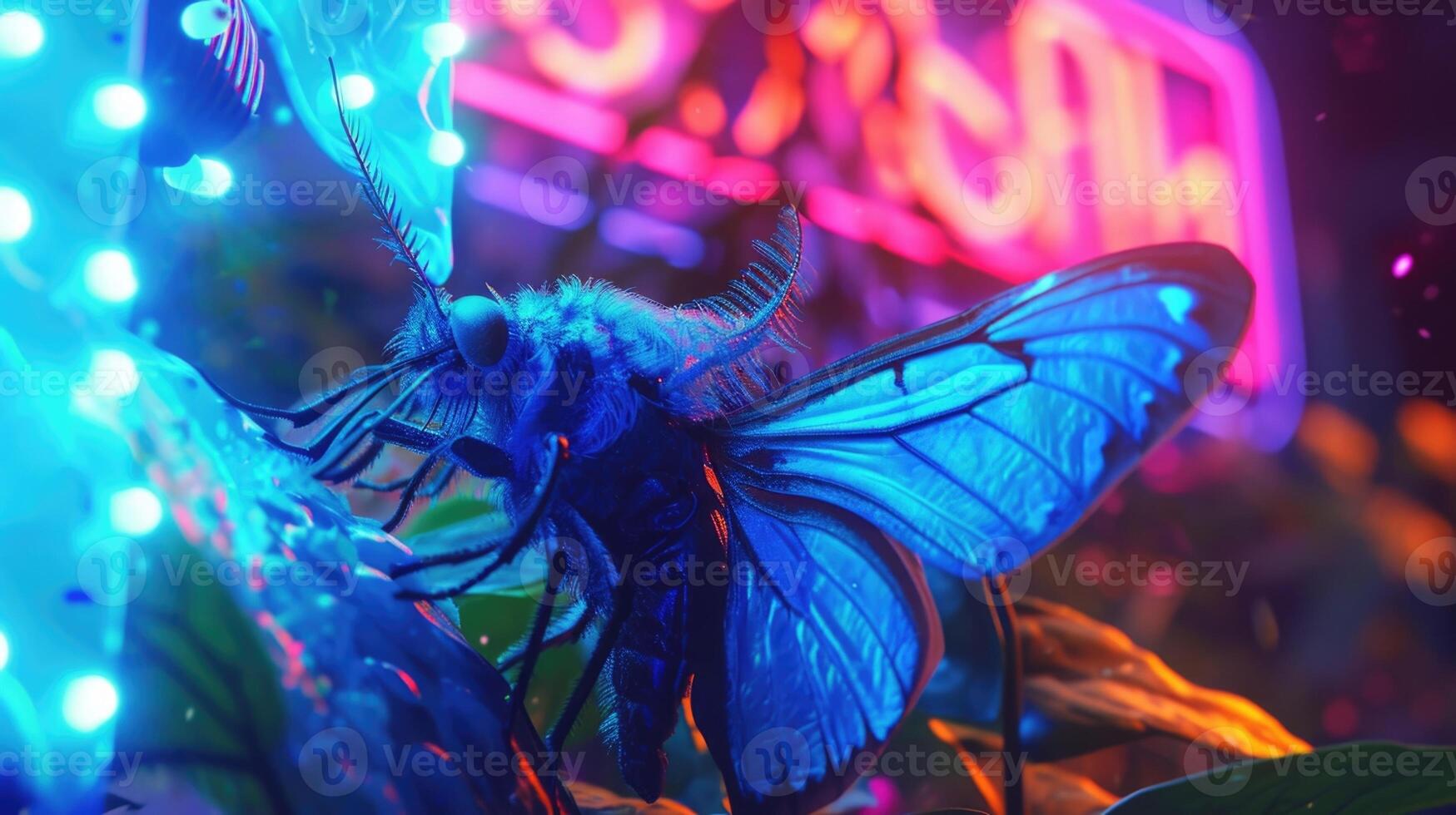 Closeup of a vibrant blue erfly gracefully dancing in front of a neon sign as if drawn to the bright lights and hypnotized by their glow photo