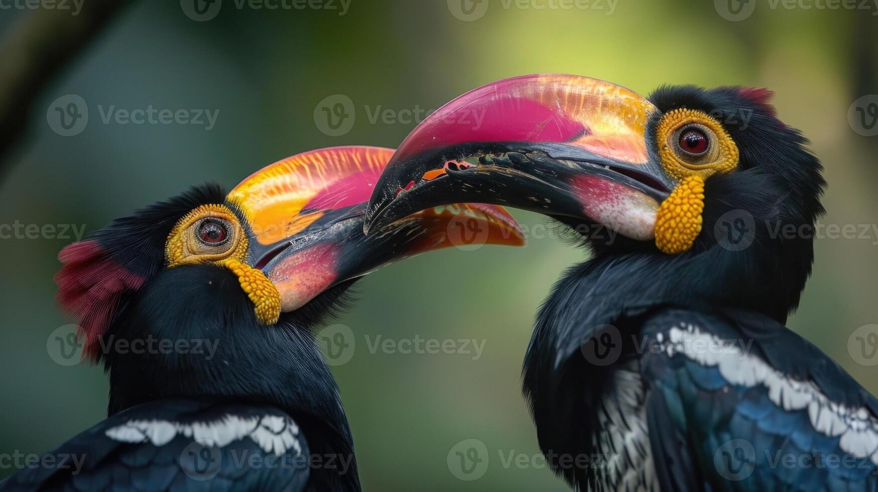 Closeup of a pair of hornbills their brightly colored beaks almost touching as they call out to each other creating a symphony of distinct and powerful sounds photo