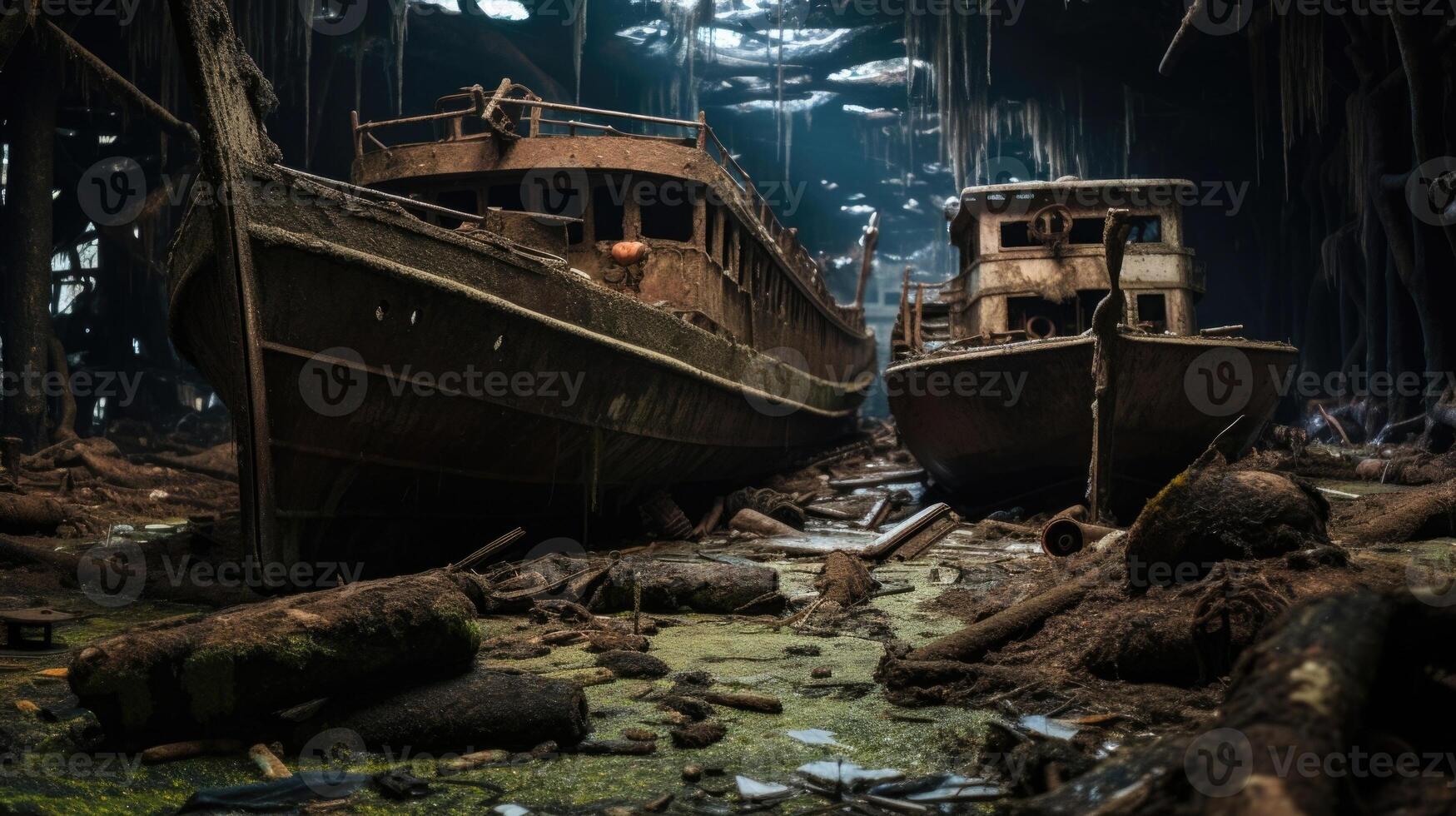Decrepit boats rest in the deep ocean, their forgotten engines now home to schools of curious fish. photo
