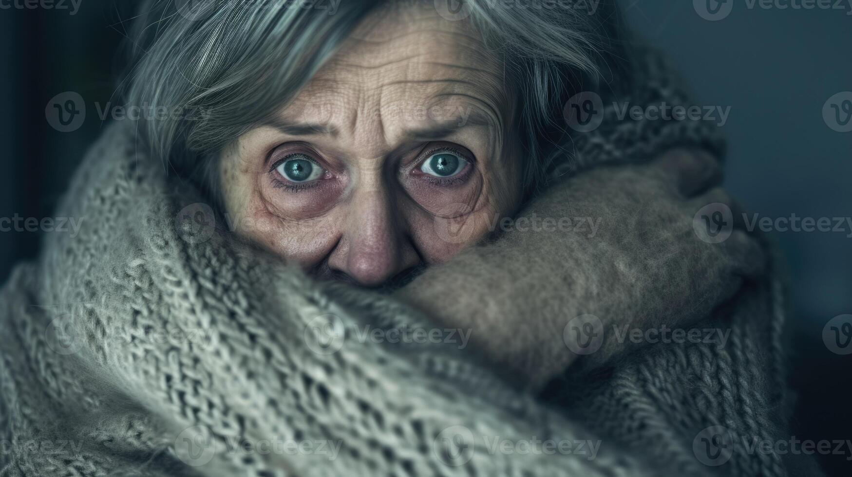 An older woman with her arms wrapped around herself her face contorted in agony as she endures a panic attack photo