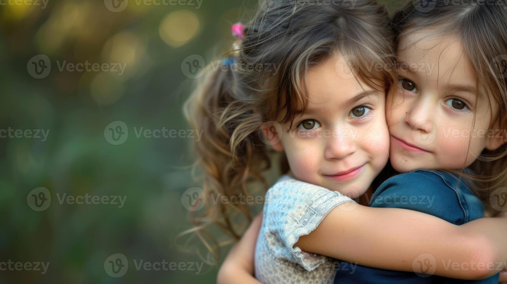 A young girl hugging her younger sibling tightly stepping into a protective and nurturing role in the face of their shared traumatic experience photo