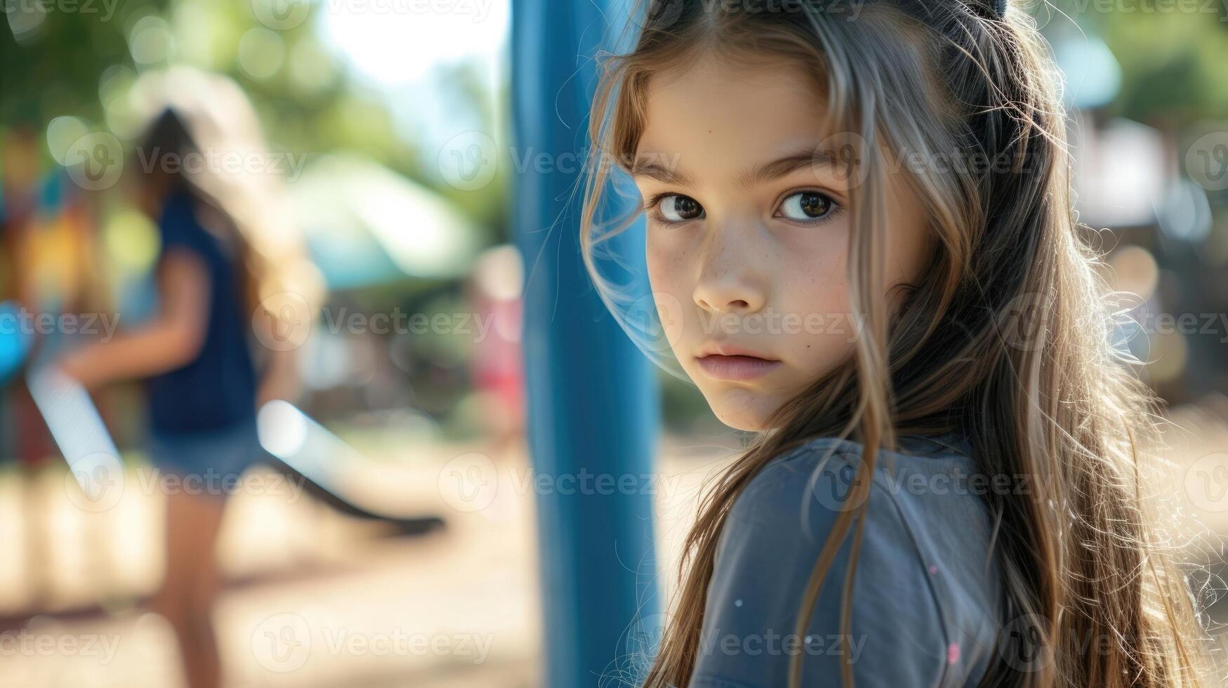 A young girl at the playground fearfully looking over her shoulder as she sees her bullies approaching photo
