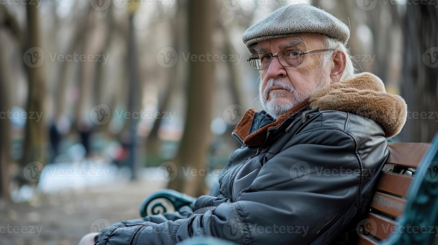 An older man sitting alone at a park bench avoiding the other people around him photo