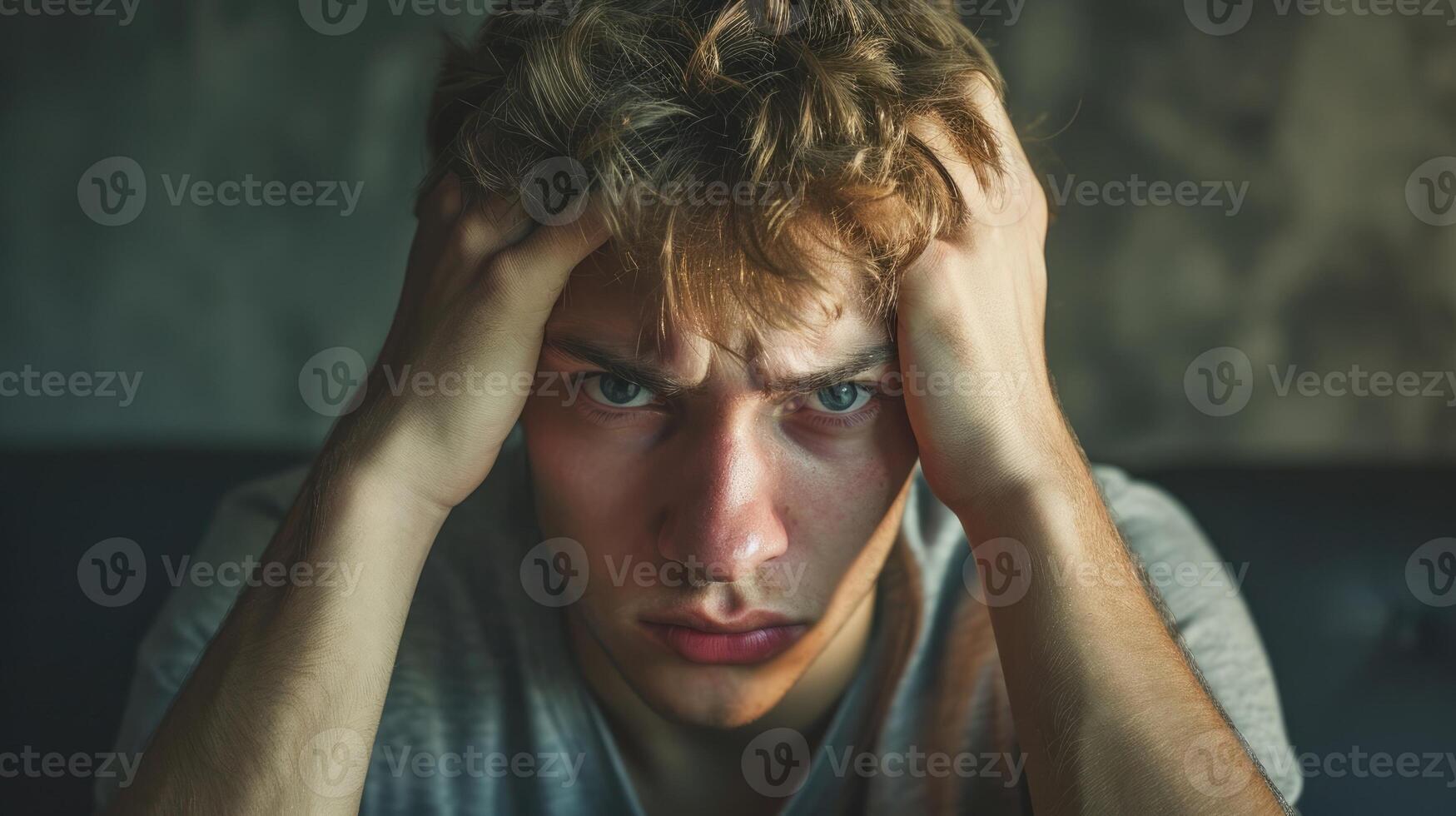 A young man with a frustrated expression unable to make sense of his surroundings photo