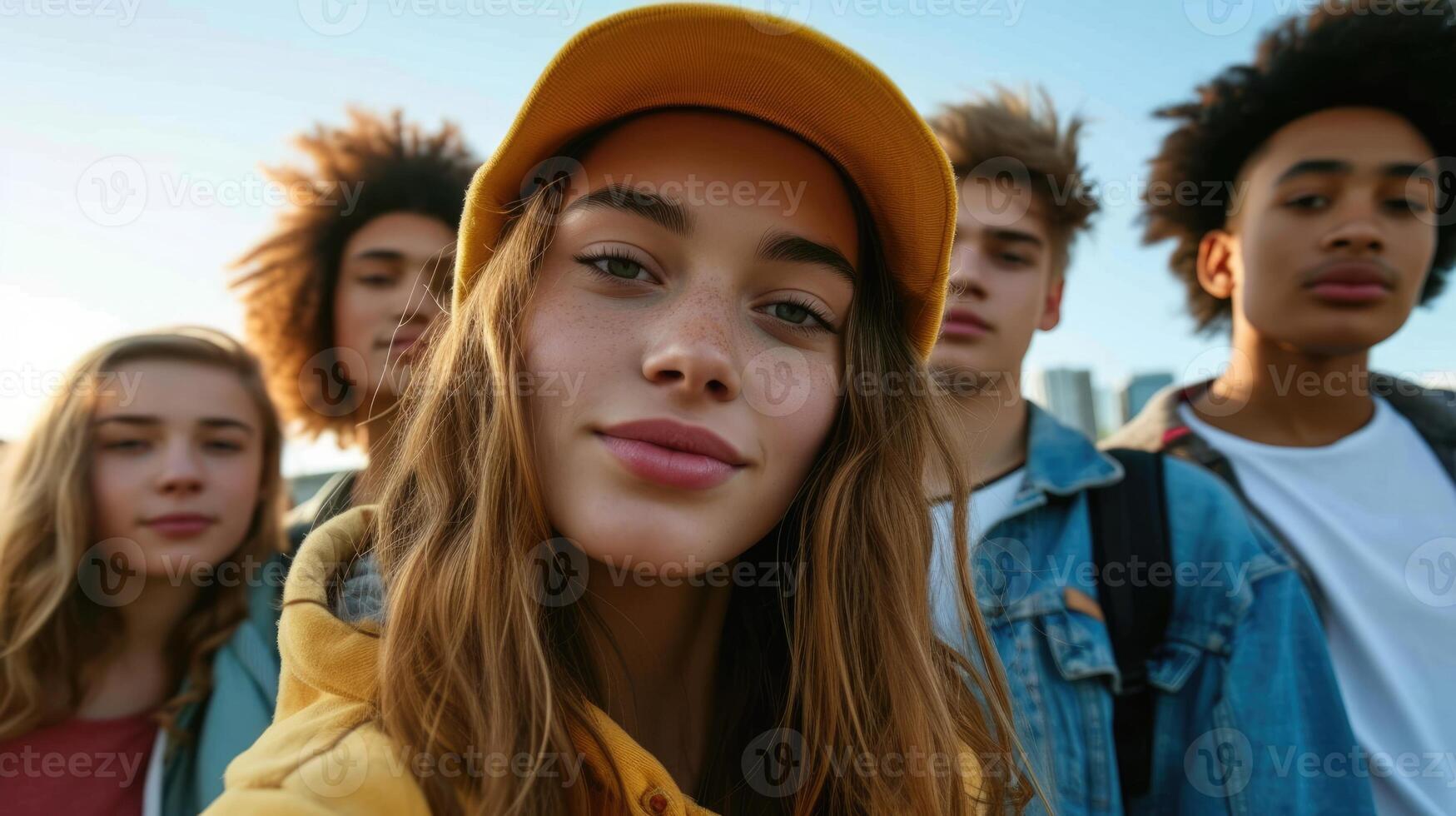 A group of teenagers taking a selfie but one person stands slightly apart from the group looking out at the city with a pensive expression photo