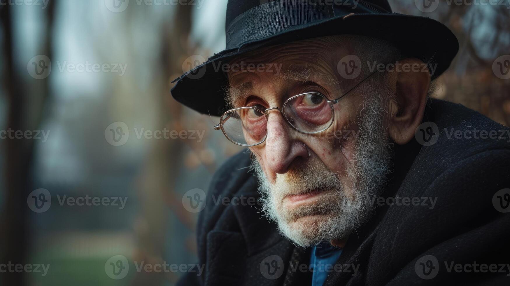 An elderly Jewish man sits with a heavy heart remembering the trauma experienced by his family during the Holocaust photo