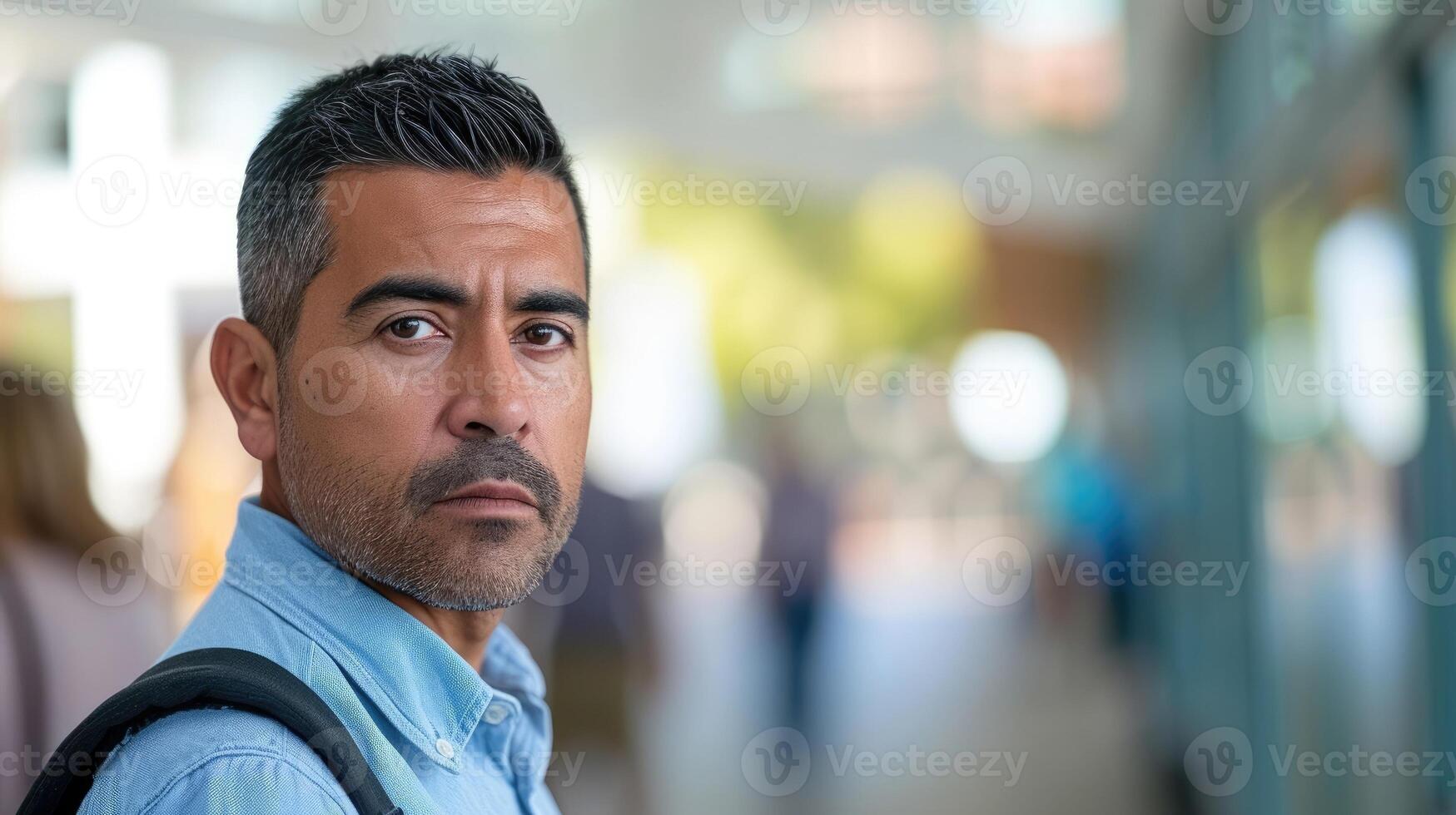 A Hispanic man looking dejected as he walks out of a job fair photo