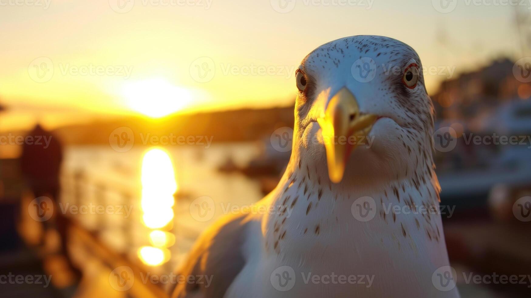 Closeup of a curious seagull inspecting a fishermans catch on a pier its bright beady eyes sparkling in the warm glow of the setting sun photo