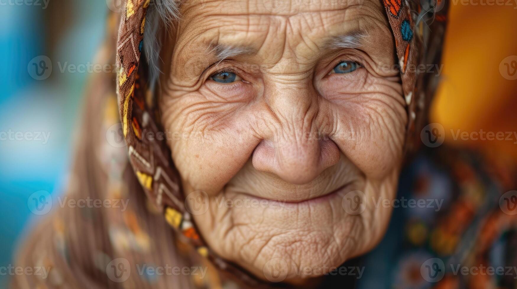 A portrait of an elderly woman smiling serenely her eyes reflecting a lifetime of wisdom and experiences that have made her more open and vulnerable photo