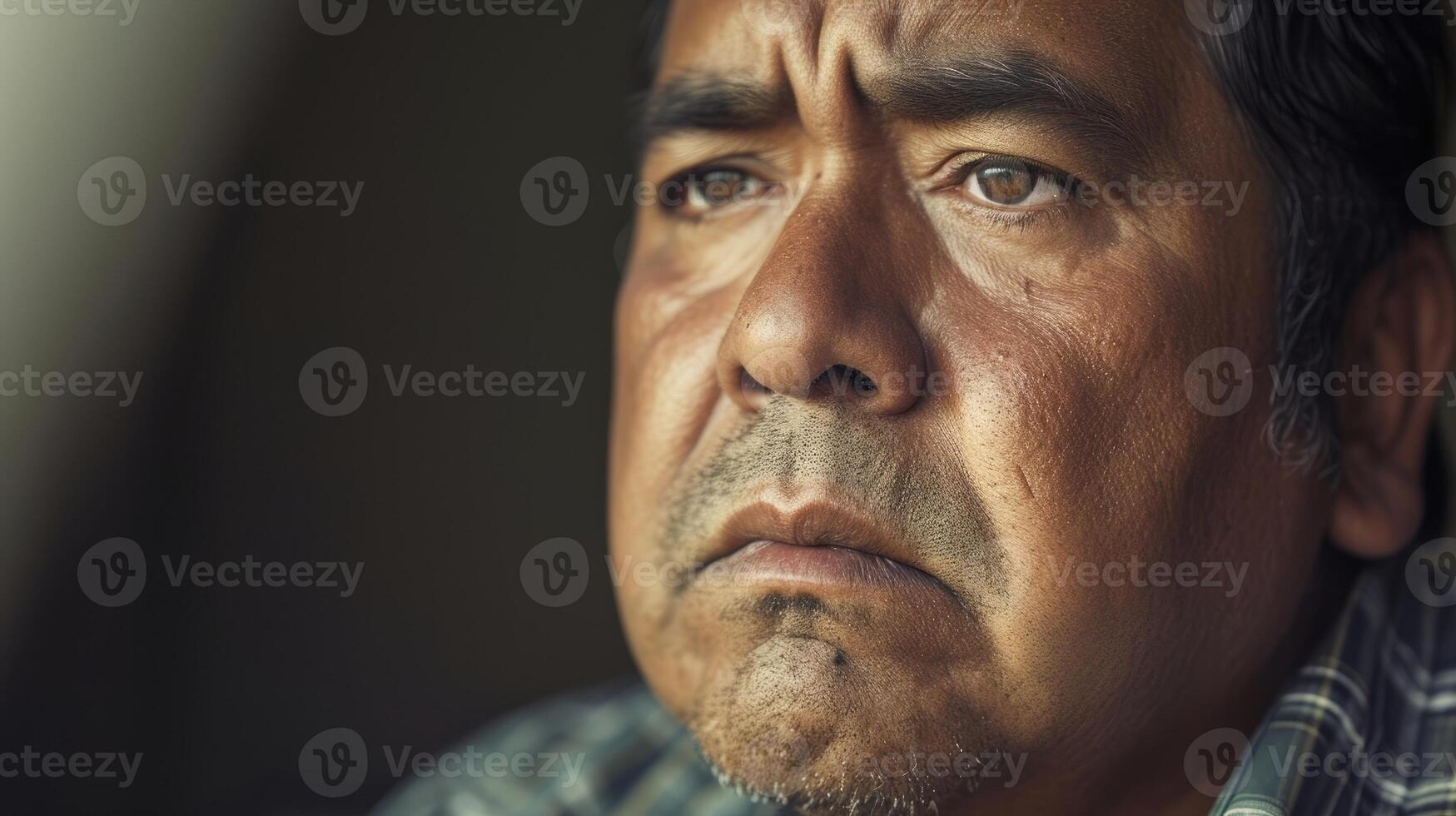 A middleaged Latino man his eyes filled with pain as he recalls the discrimination he has endured in his workplace photo