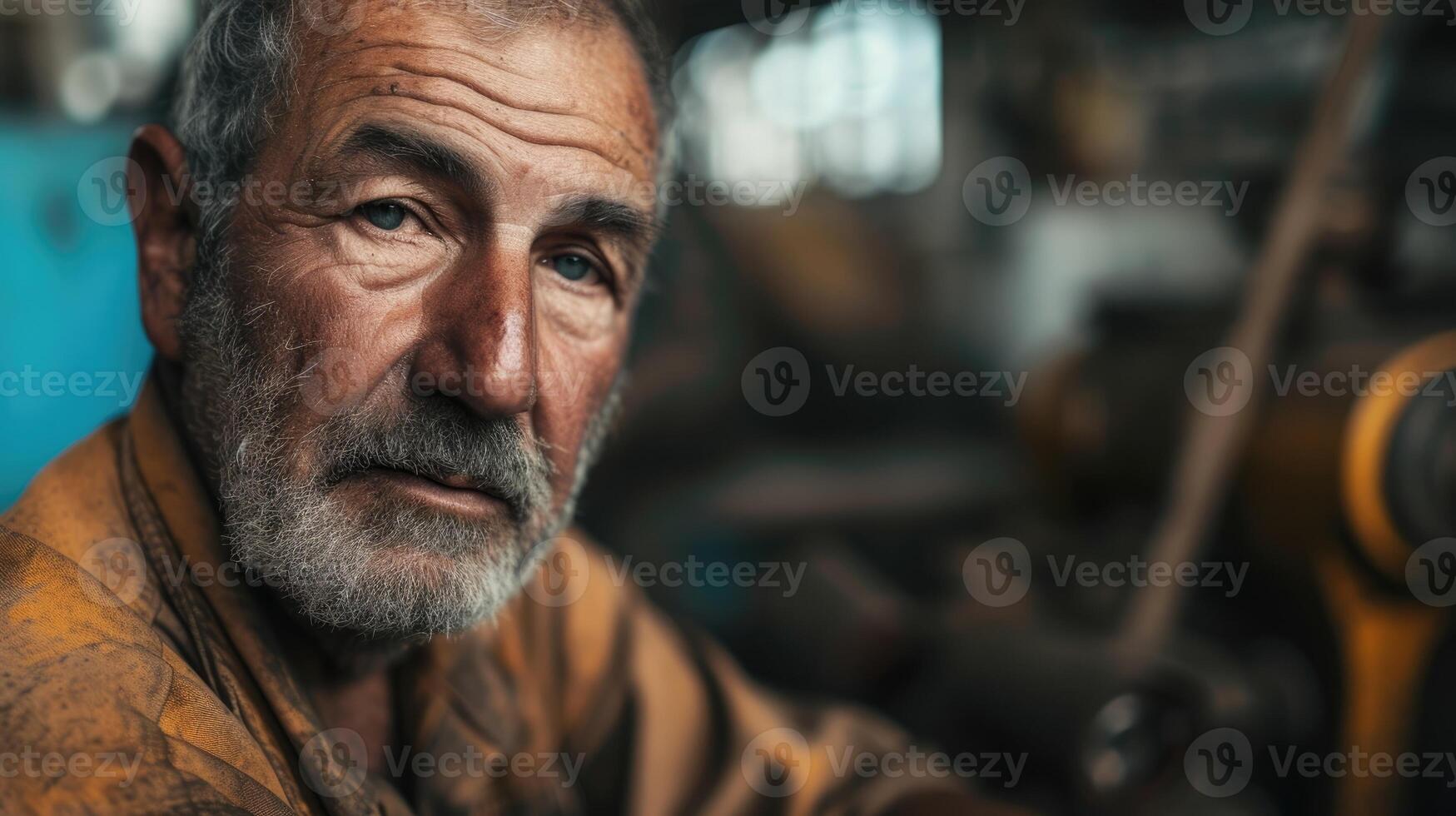 A middleaged male immigrant working long hours in a factory with a look of exhaustion and determination in his eyes photo
