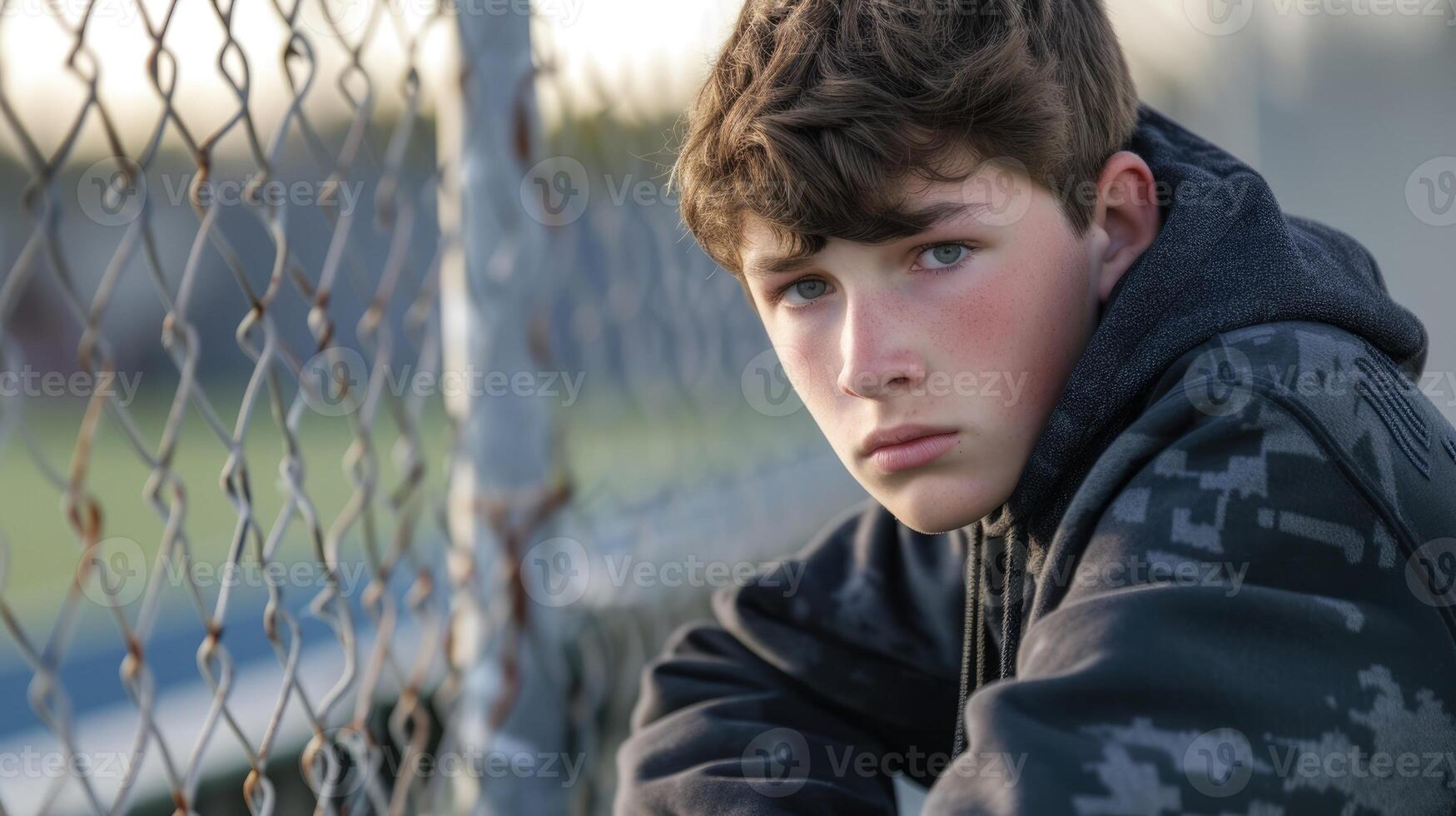 A teenage boy with a pained look on his face sitting on the sidelines of a sports game due to his chronic pain photo