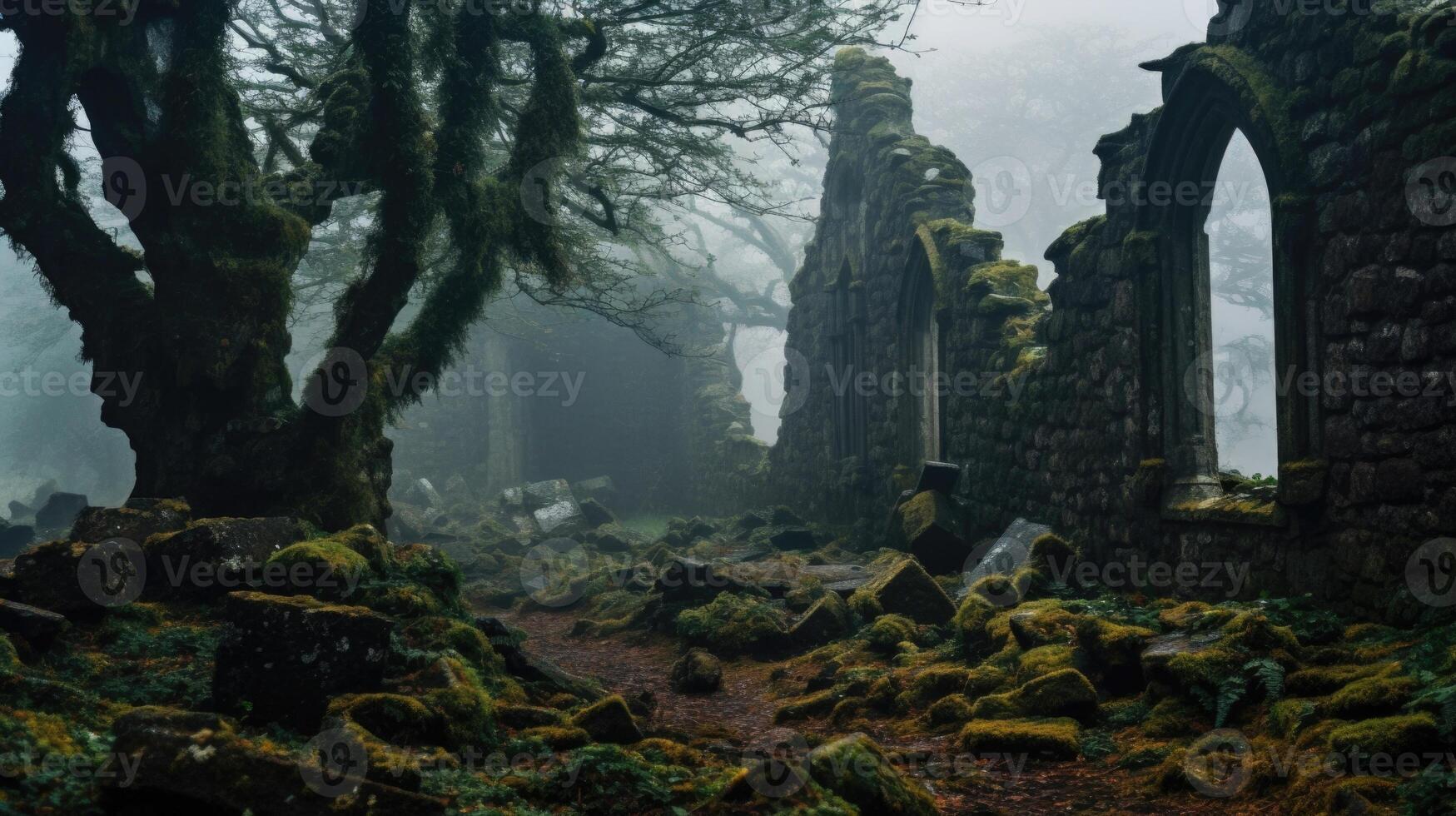 Amidst the foggy graveyard, the old ruins serve as a stark reminder of the fleeting nature of life and the inevitable decay of all things. photo