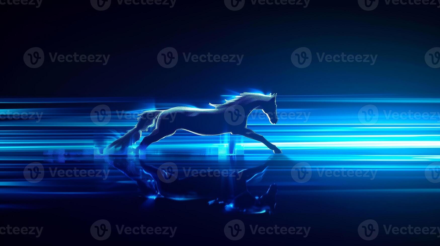 The iconic galloping horse ornament silhouetted against a blue neon backdrop evoking a sense of speed and agility photo