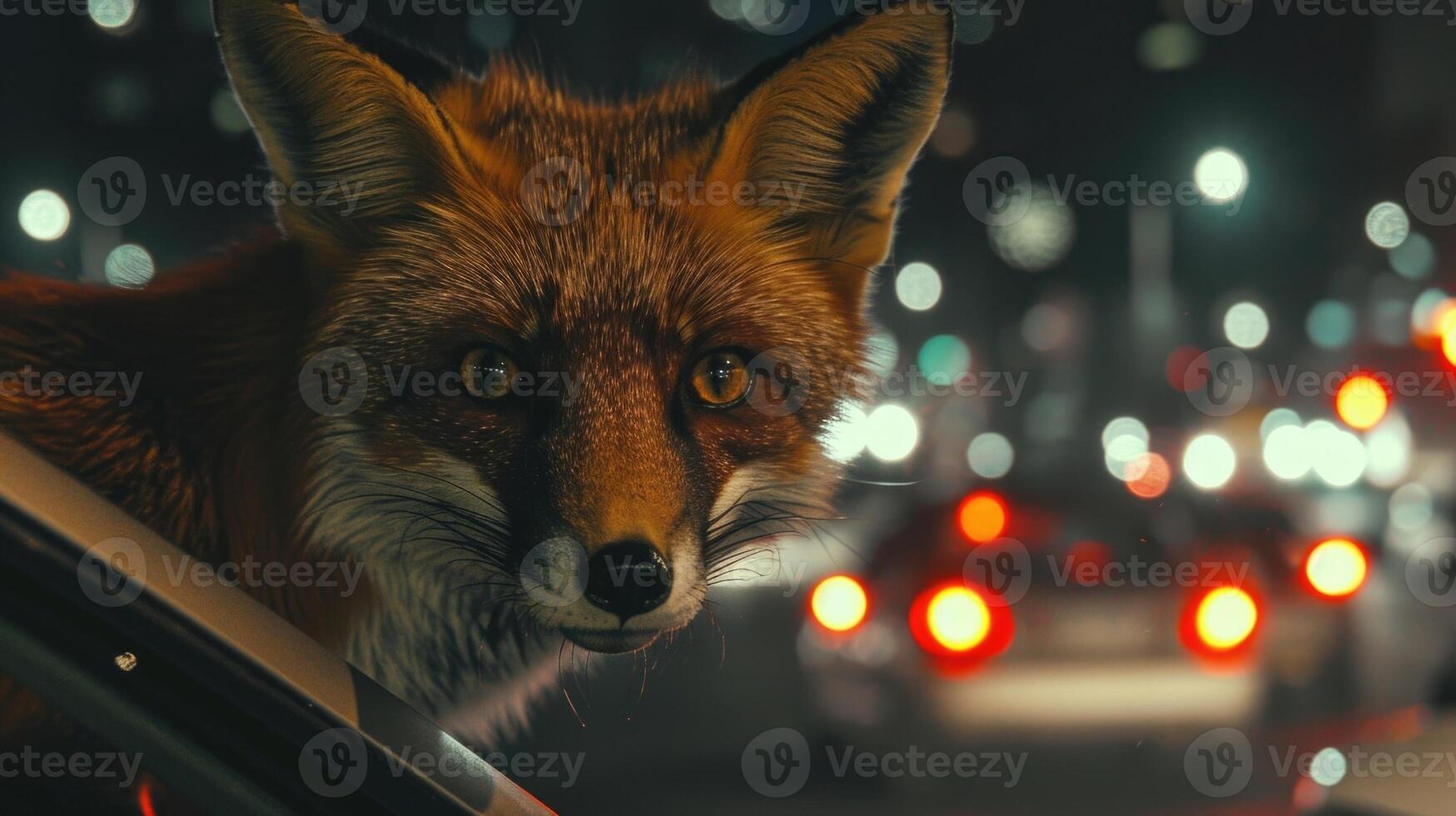 Closeup of a foxs sharp golden eyes glinting in the darkness as it confidently weaves through the busy nighttime traffic photo