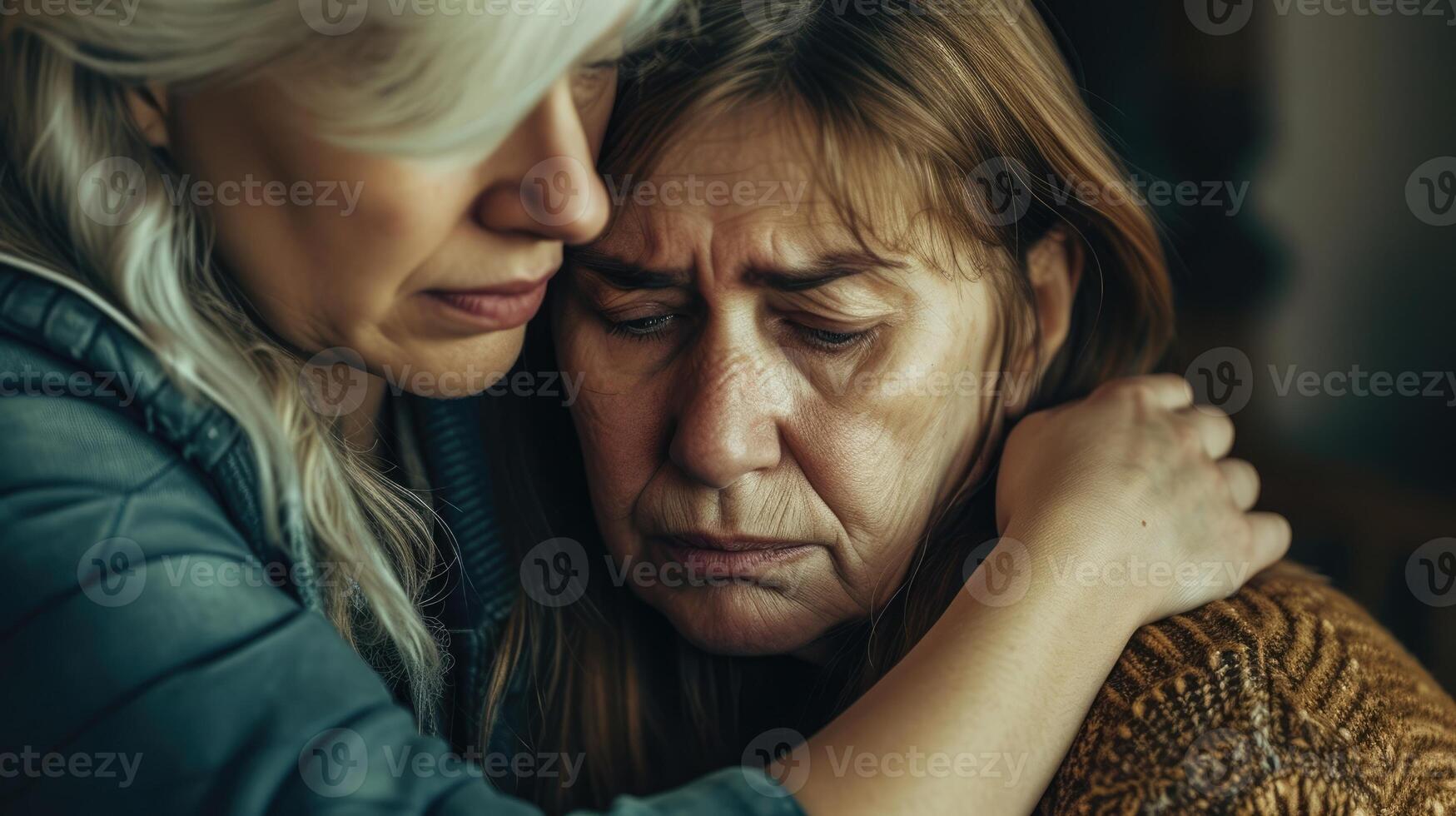 A young woman hugging her grandmother after a tense argument both with tears in their eyes photo