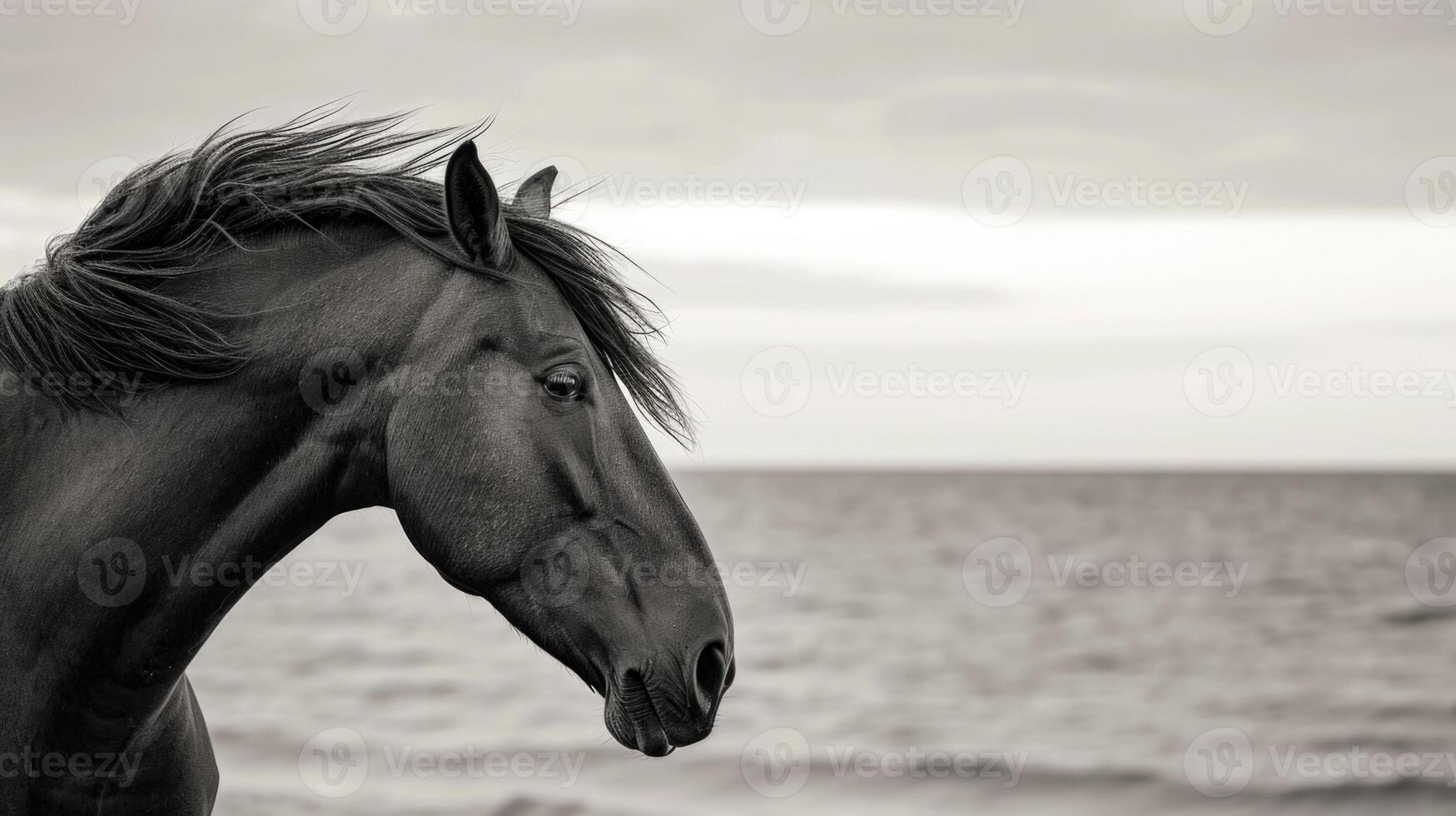 Closeup of the horses majestic head adorned with a flowing mane and a determined expression as it gazes out towards the endless expanse of ocean photo