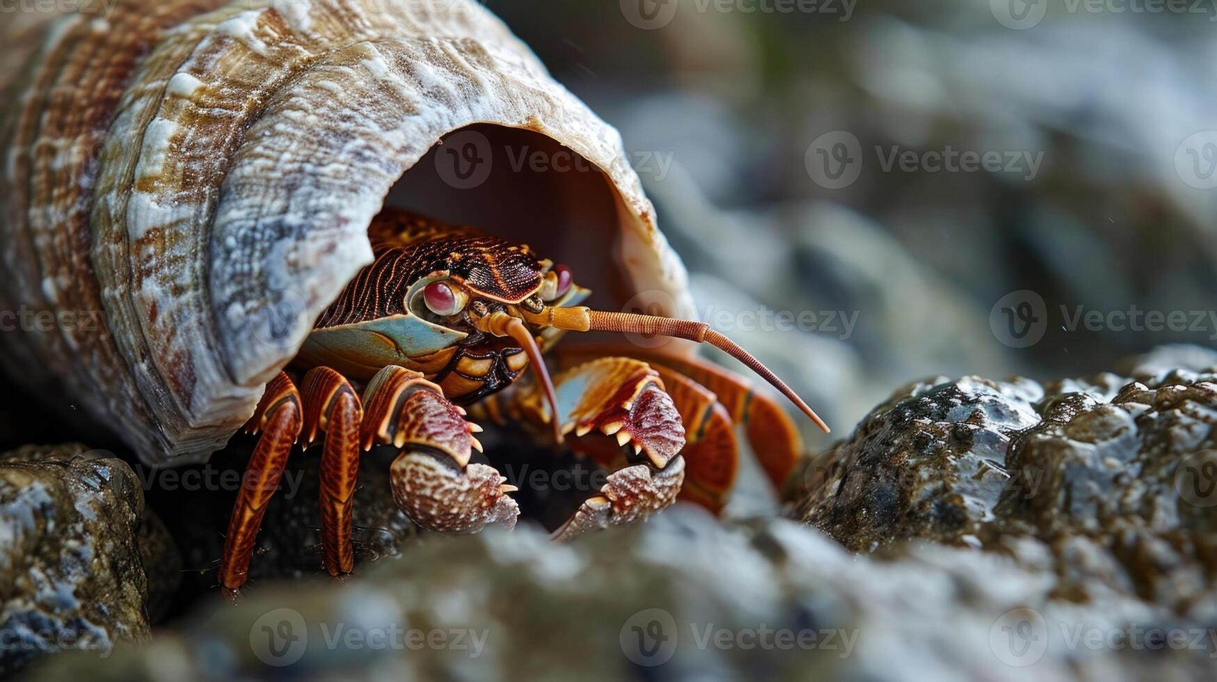 Closeup of a hermit crabs soft vulnerable abdomen hidden inside a discarded shell as it ventures out to find a new home amidst the rocky shoreline photo
