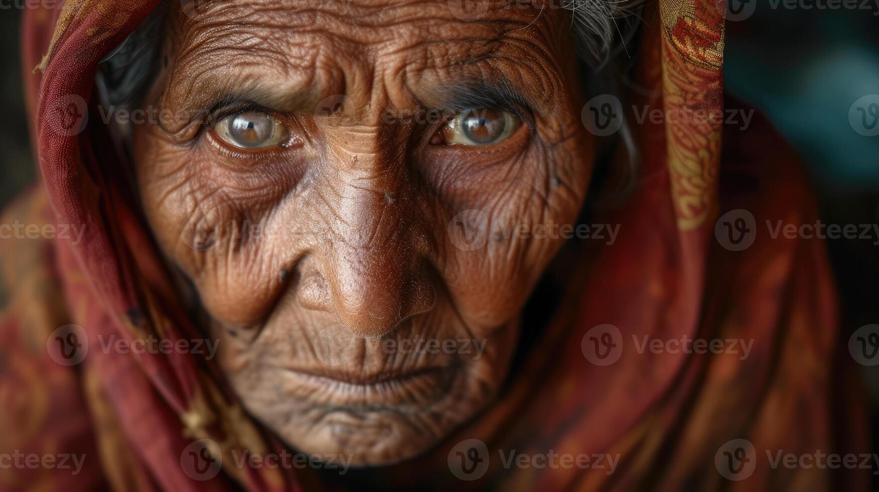 An elderly woman sits in a refugee camp her face etched with wrinkles and her eyes full of resilience and determination photo