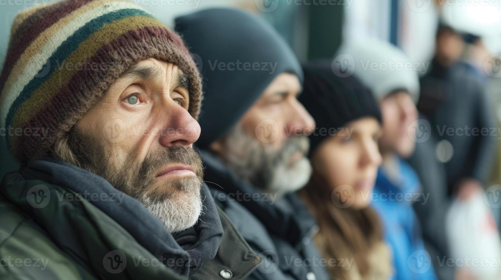 A group of men and women waiting in line at a food bank their eyes downcast as they face the humiliating reality of relying on charity for their next meal photo