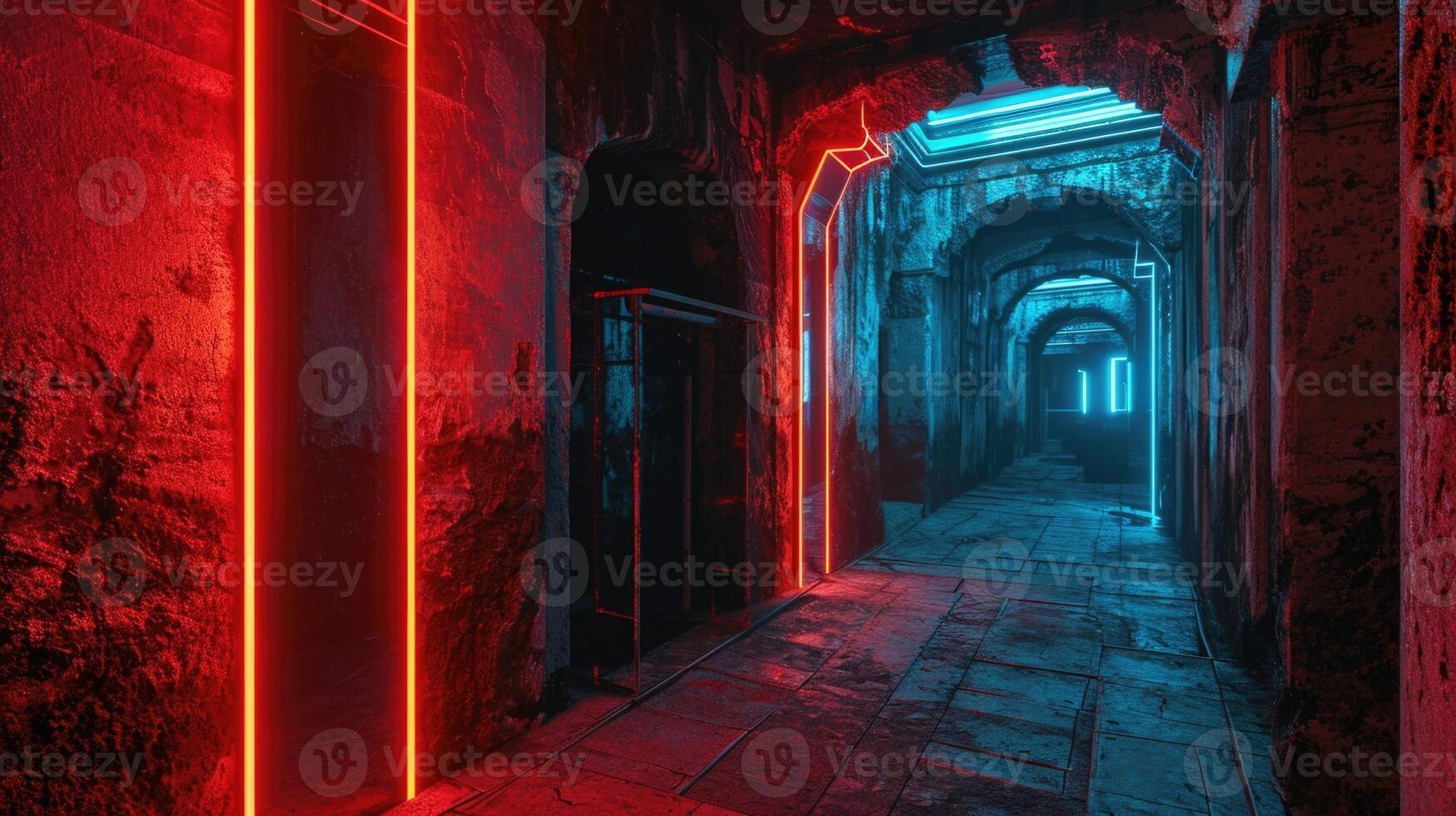 The remnants of an old castle now adorned with laser light neon grids a futuristic touch to a past era photo