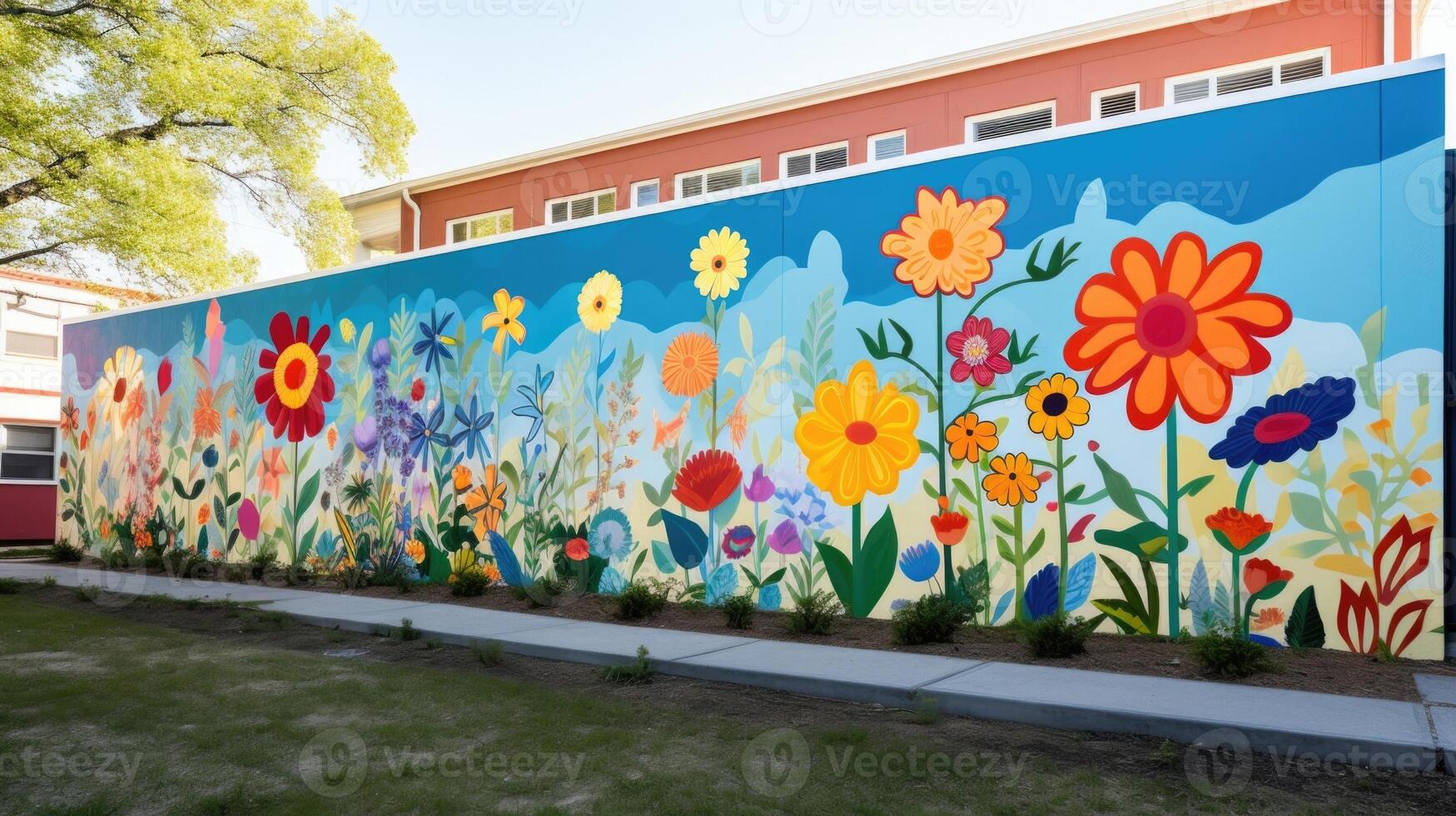 Students work together to create a colorful mural on the side of the school building, showcasing the diversity of plants grown in their edible schoolyard. photo