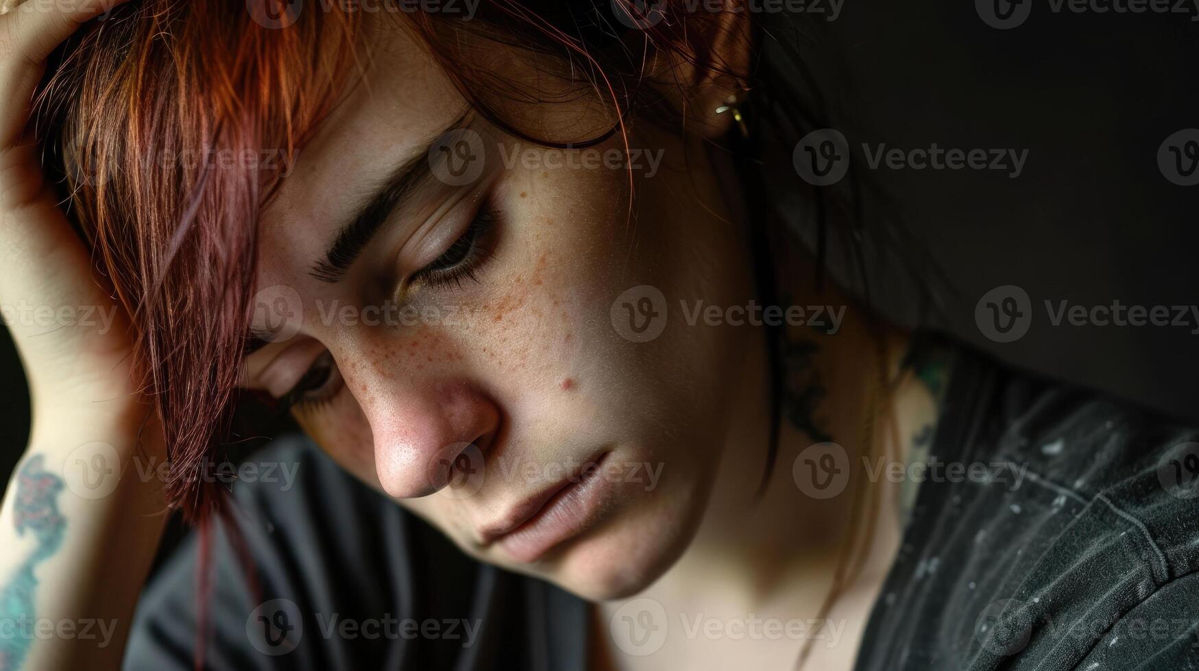 A transgender person with a pained expression their identity adding an additional layer of complexity to coping with their PTSD photo