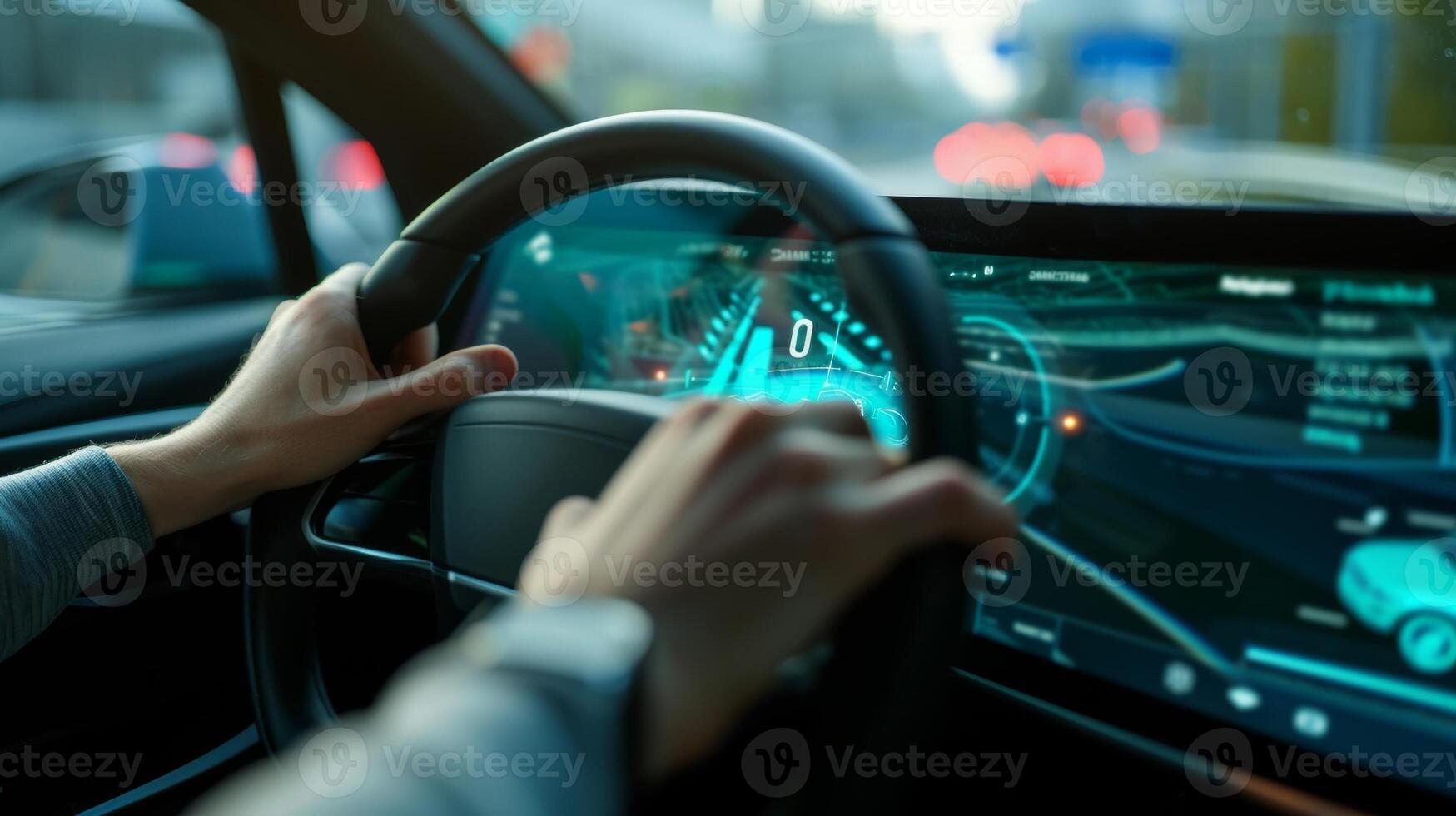 Closeup of a drivers hand pressing a on on a hightech steering wheel which triggers a virtual headsup display on the windshield with vital information about the vehicles spee photo
