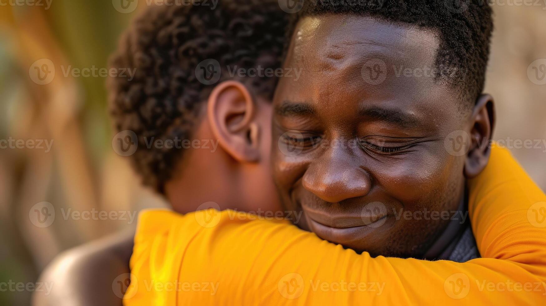 A father and son hug each other tightly as they reunite after being separated during the height of the pandemic grateful for their health and safety photo