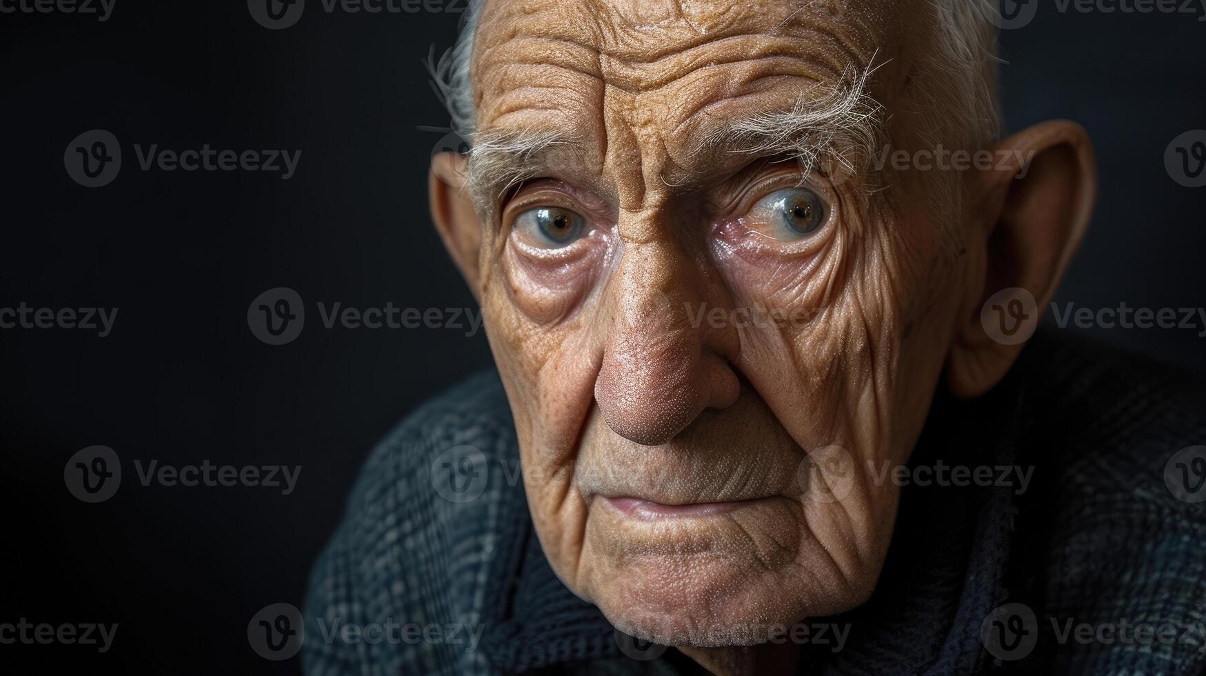 An elderly man staring blankly into the distance his expression showing a disconnect from his surroundings photo