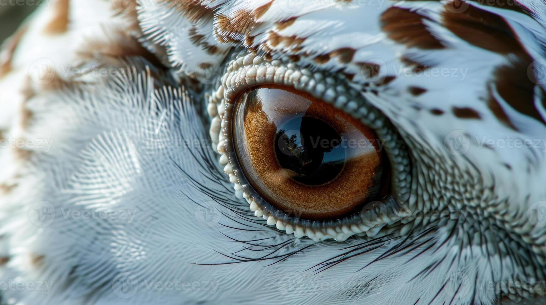 Closeup of a rock ptarmigans large round eye surrounded by white feathers providing a sharp contrast to its dark beak and head photo