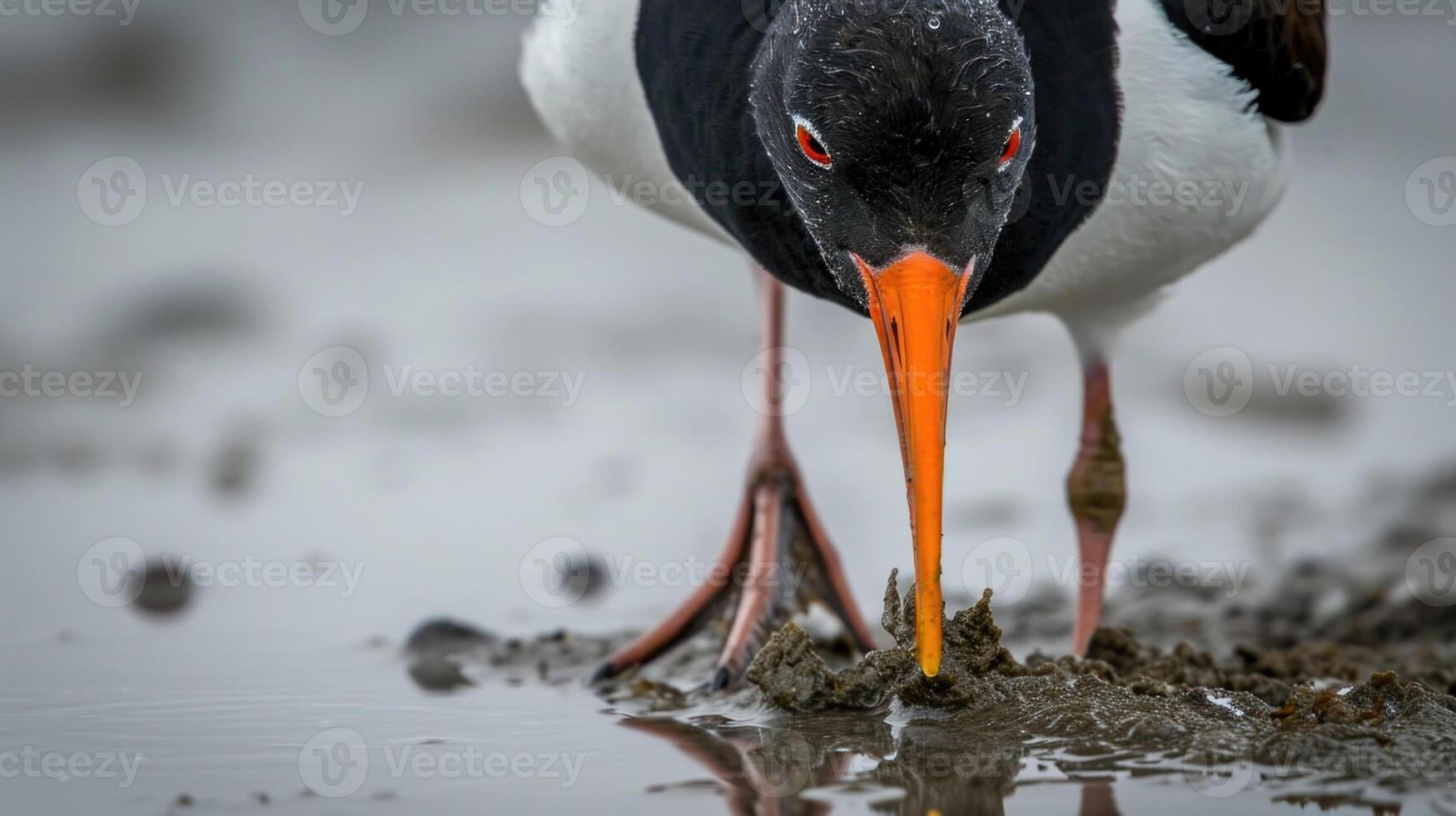 Closeup of an oystercatchers muddy webbed feet sinking into the wet sand as it digs for a tasty meal near the glistening shoreline photo