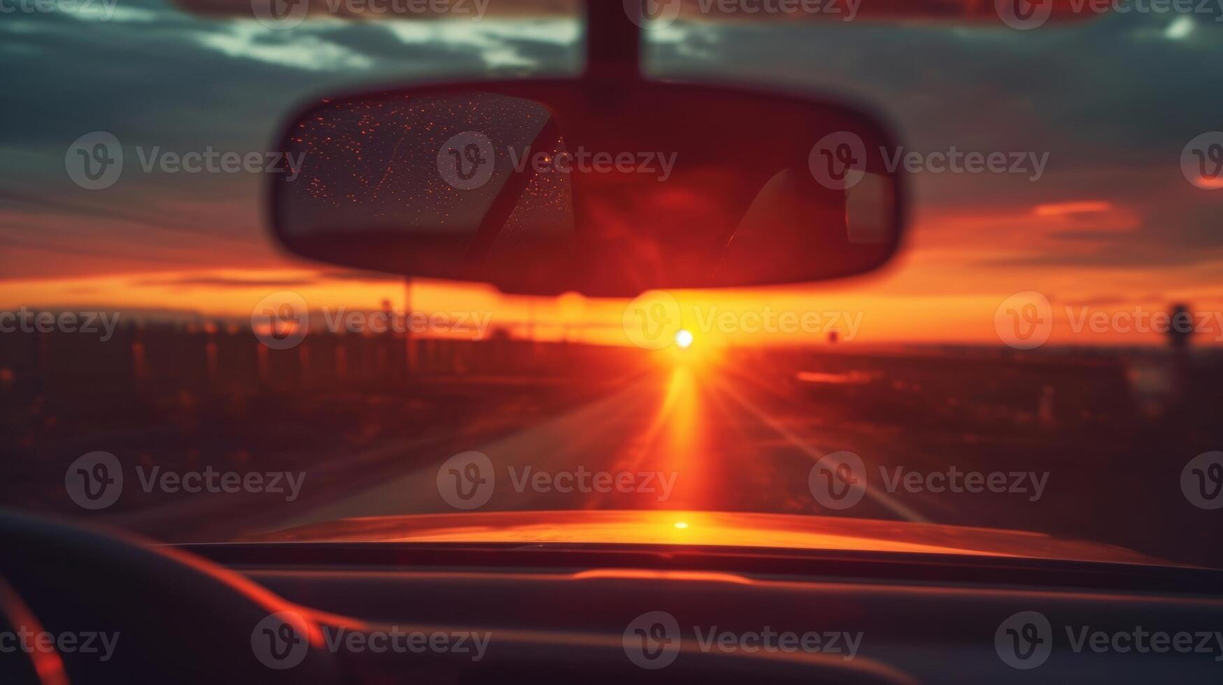 The camera focuses on the cars rearview mirror capturing the fading sunset in the distance as the car continues its journey into the night photo