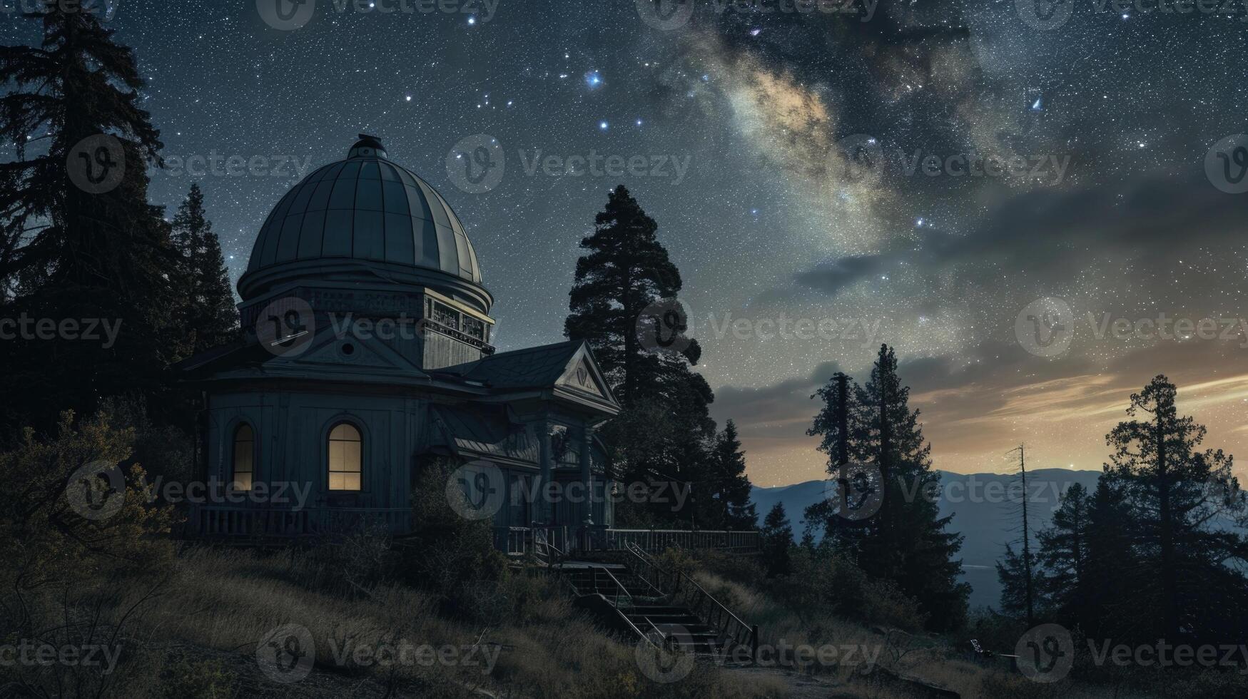 An abandoned observatory, its telescope trained towards the vast expanse of the night sky, abandoned by its human inhabitants but still full of wonder and mystery. photo