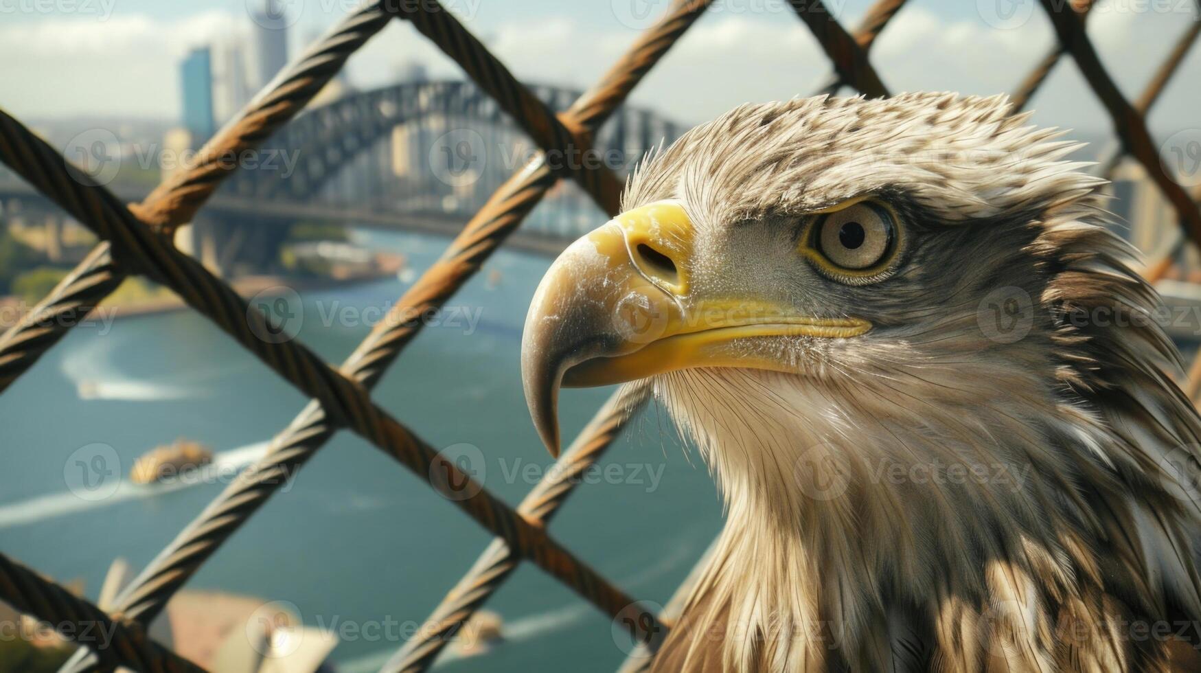 Closeup of an eagles feathered face framed by the metal grid of a bridge. In the background a bustling metropolis stretches out providing the perfect contrast to the peacefu photo