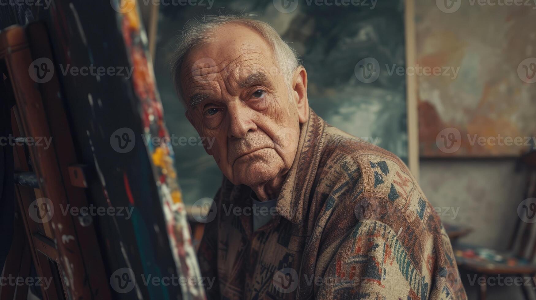 An older man stares blankly at his canvas paintbrush in hand photo